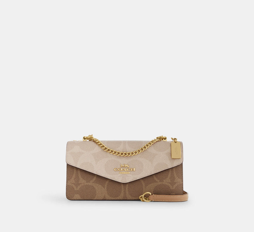 Coach Klare Envelope Crossbody Bag In Blocked Signature  -  Gold/Sand/Tan - Hemen Teslimde