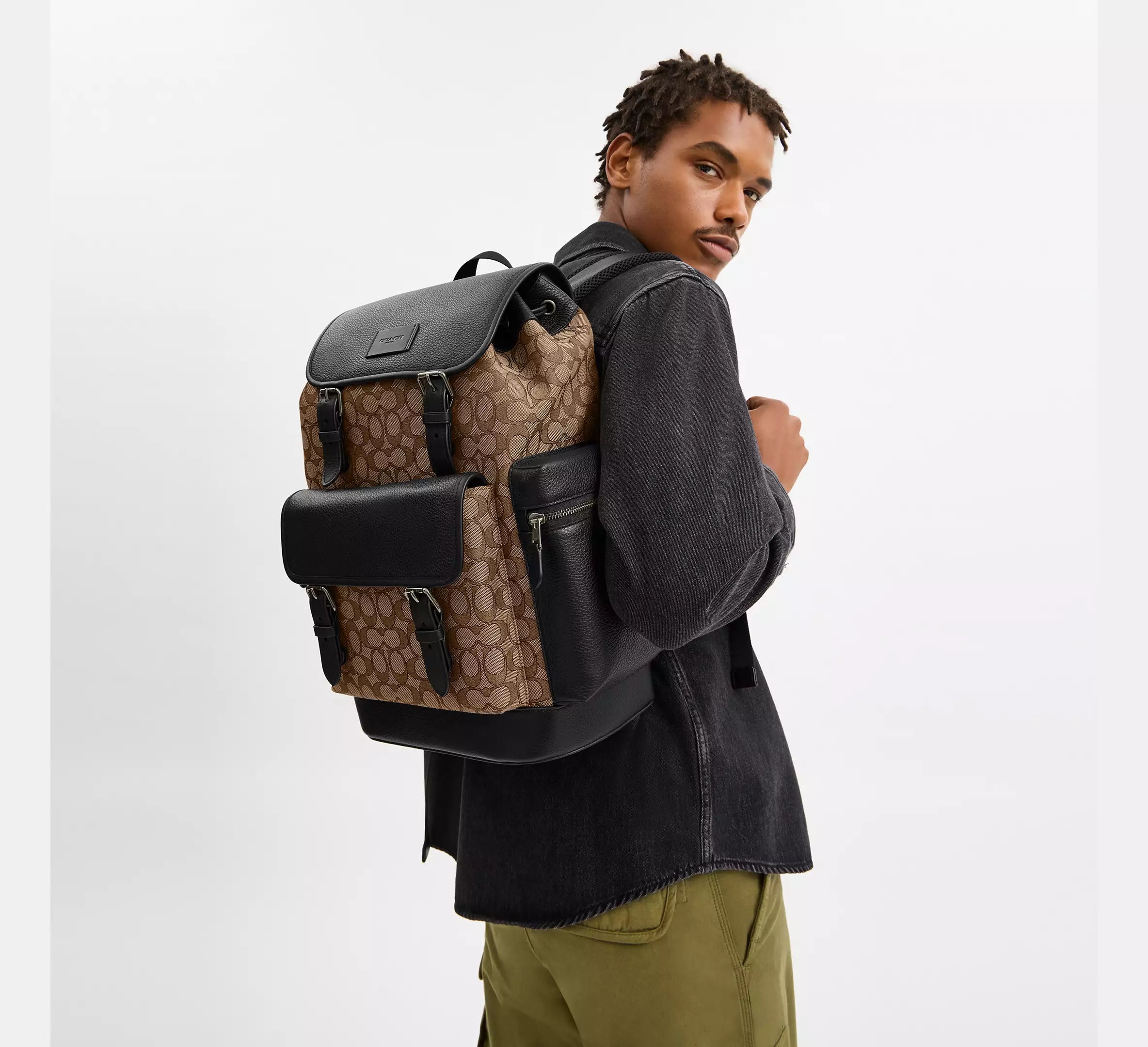 Coach Sprint Backpack In Signature Jacquard - Gunmetal/Tan/Black