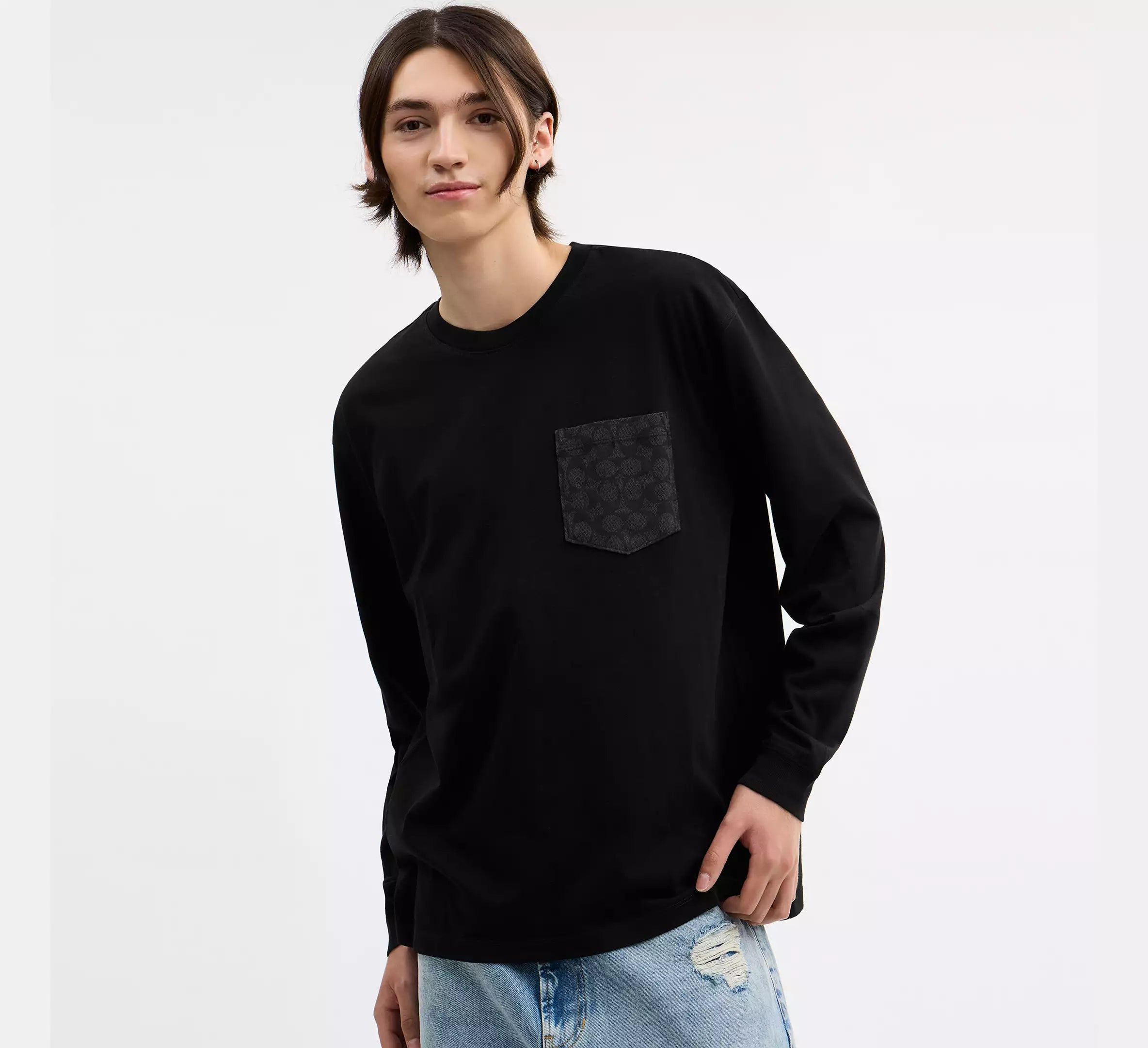 Coach Signature Long Sleeve T-Shirt In Organic Cotton - Charcoal Signature