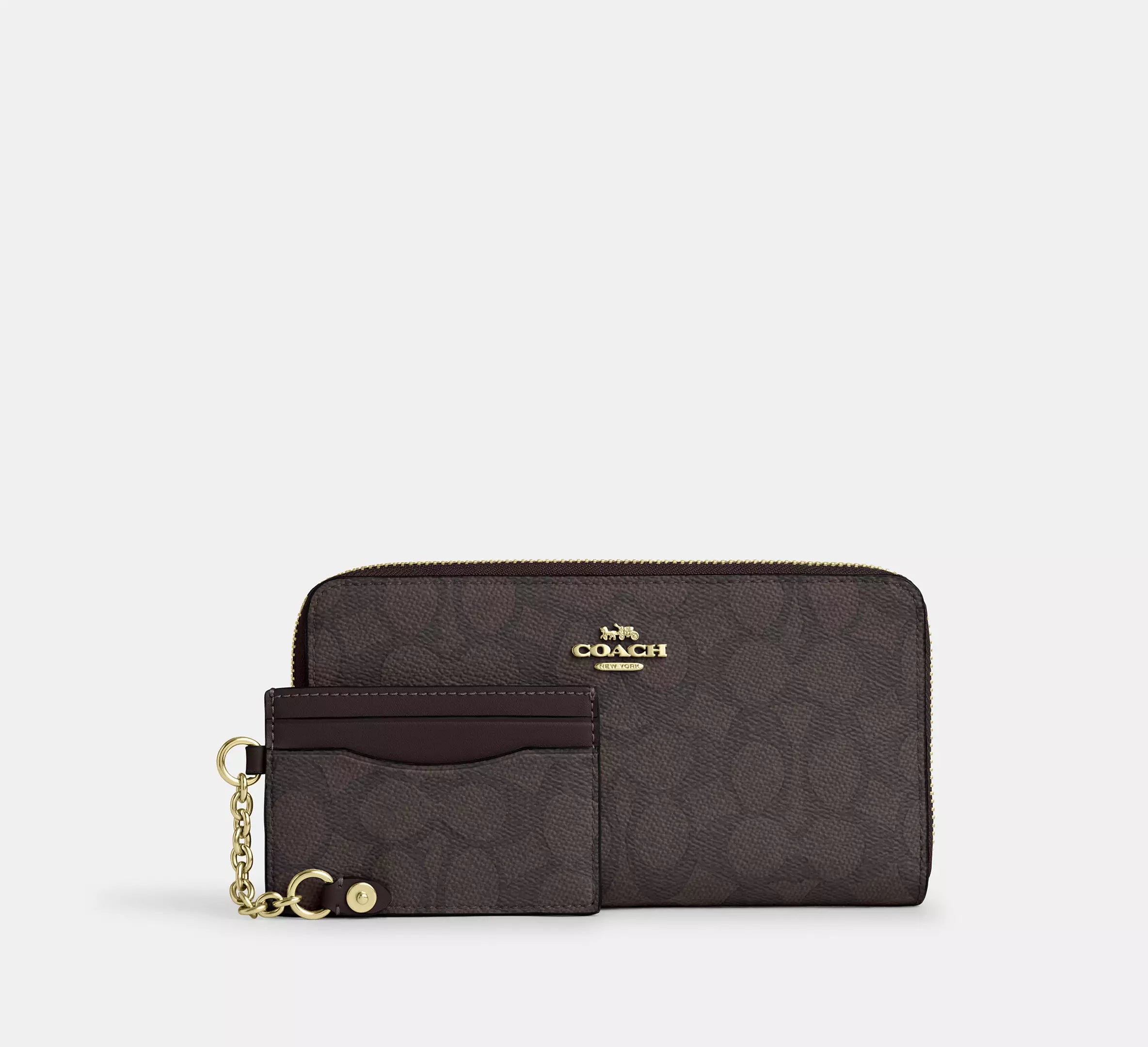 Coach Long Zip Around Wallet With Detachable Card Case In Signature - Gold/Walnut/Black