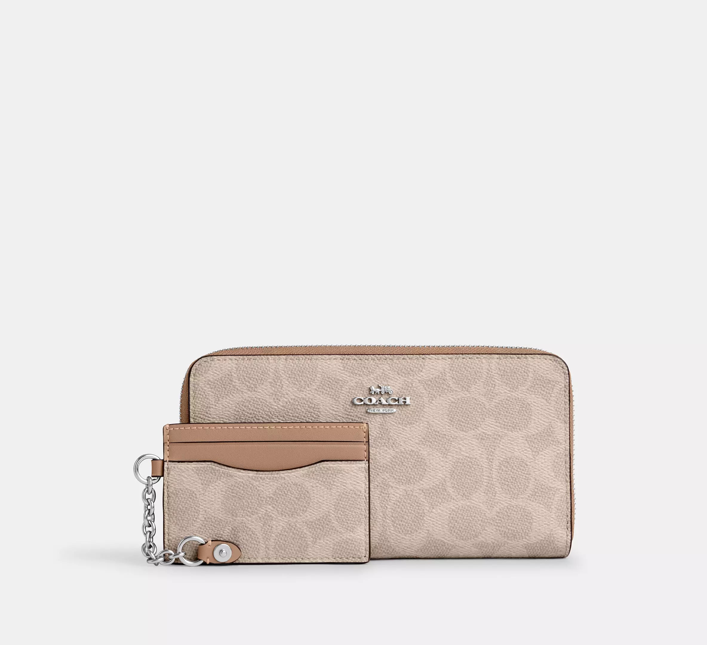 Coach Long Zip Around Wallet With Detachable Card Case In Signature - Silver/Sand/Taupe
