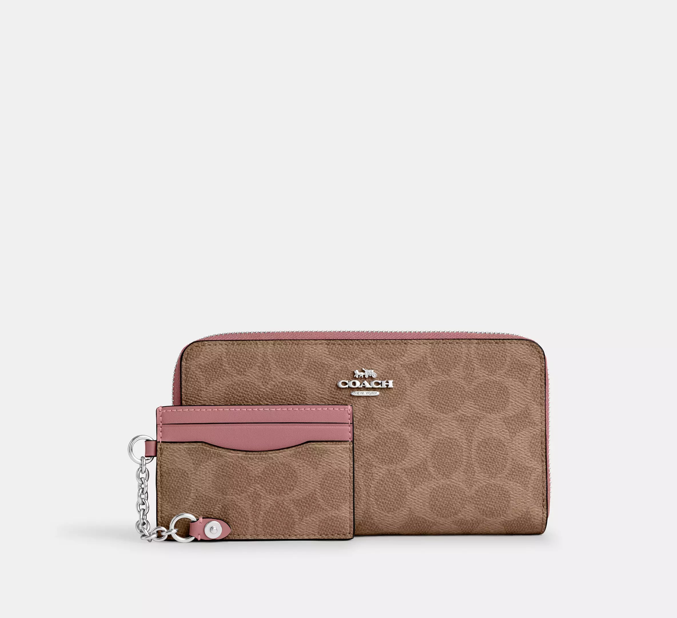 Coach Long Zip Around Wallet With Detachable Card Case In Signature - Sv/Tan/Dusty Pink