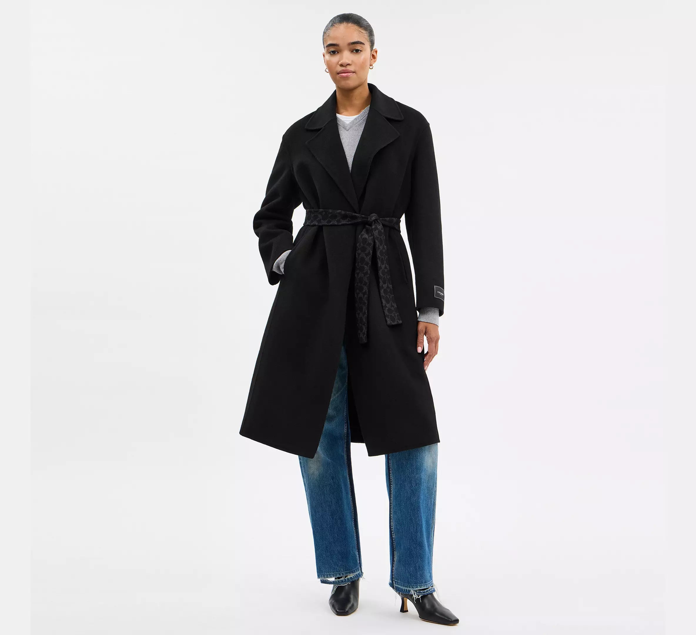 Coach Belted Wool Long Coat -  Black