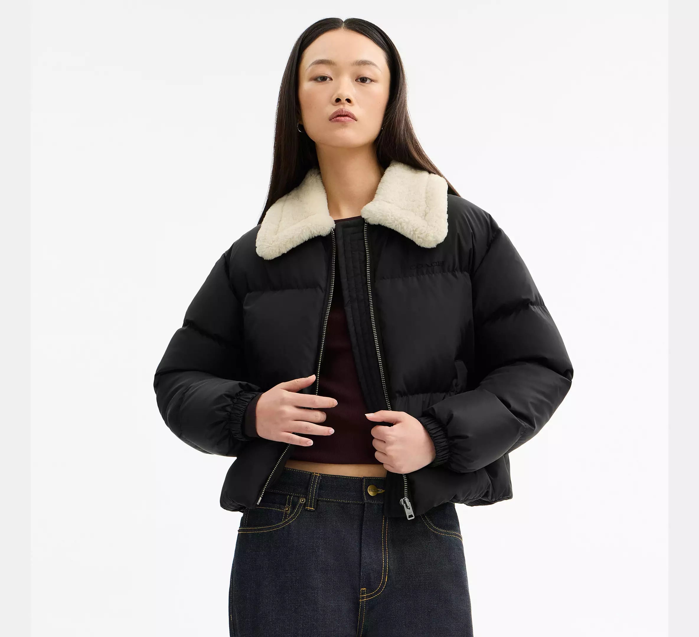 Coach Puffer With Shearling Collar -   Black