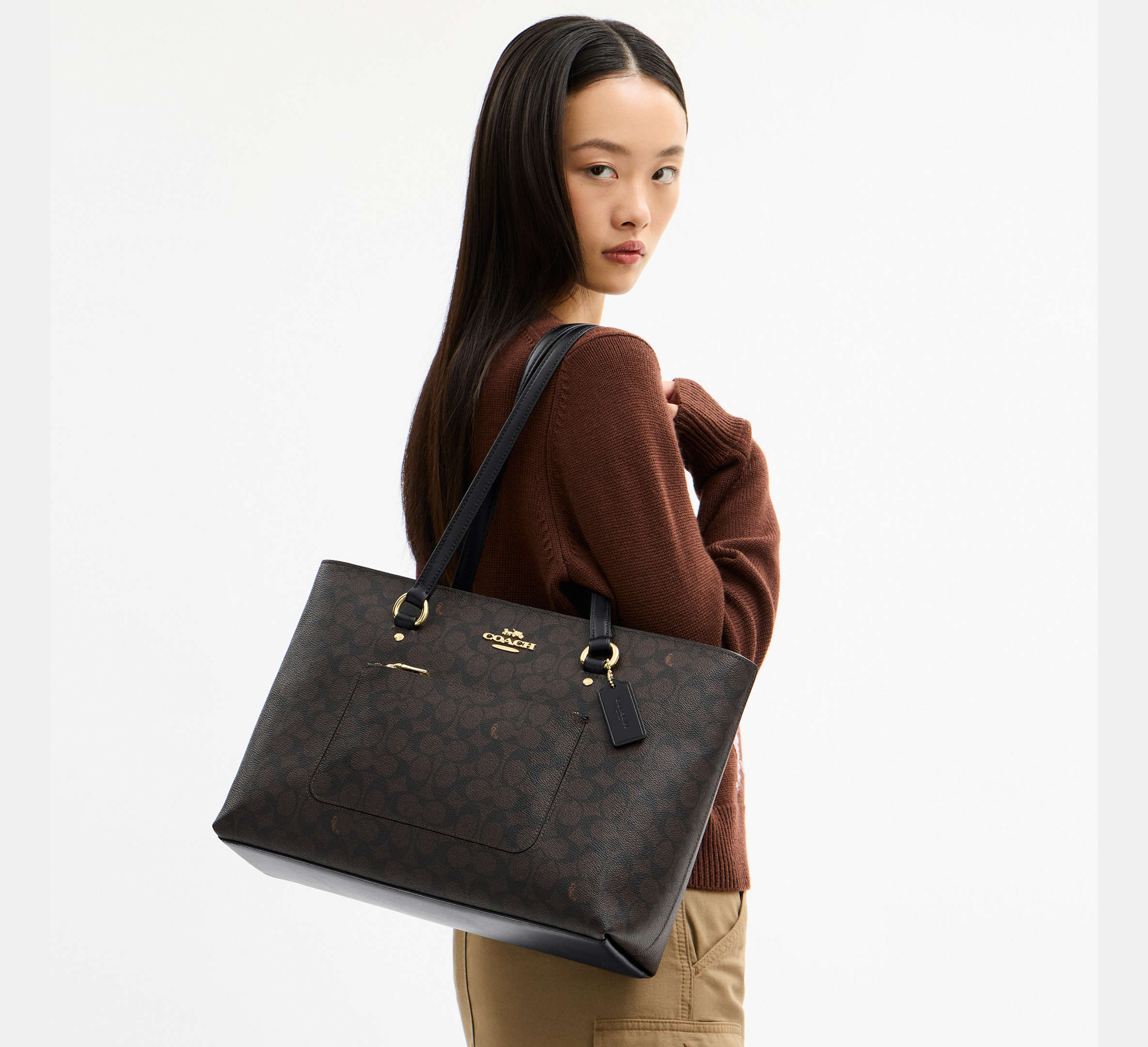 Coach Station Tote Bag In Signature - Gold/Walnut/Black