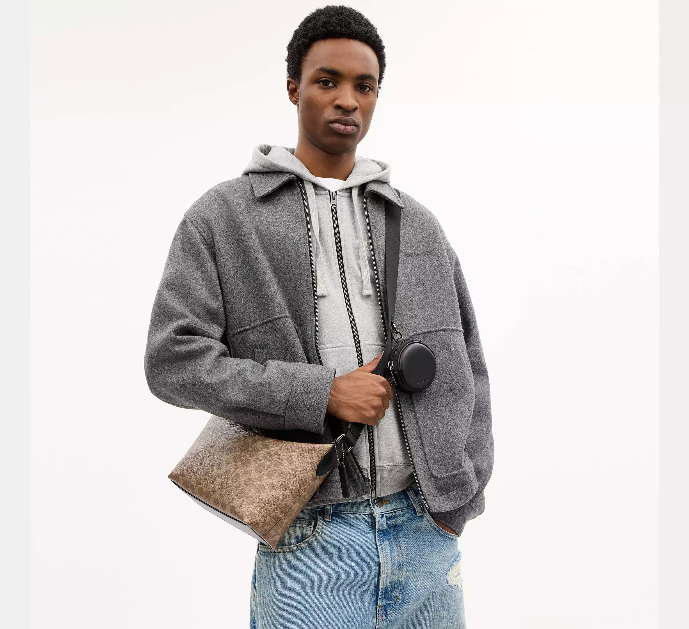 Coach Small Finn Crossbody Bag With Pouch In Signature  - Gunmetal/Tan/Black