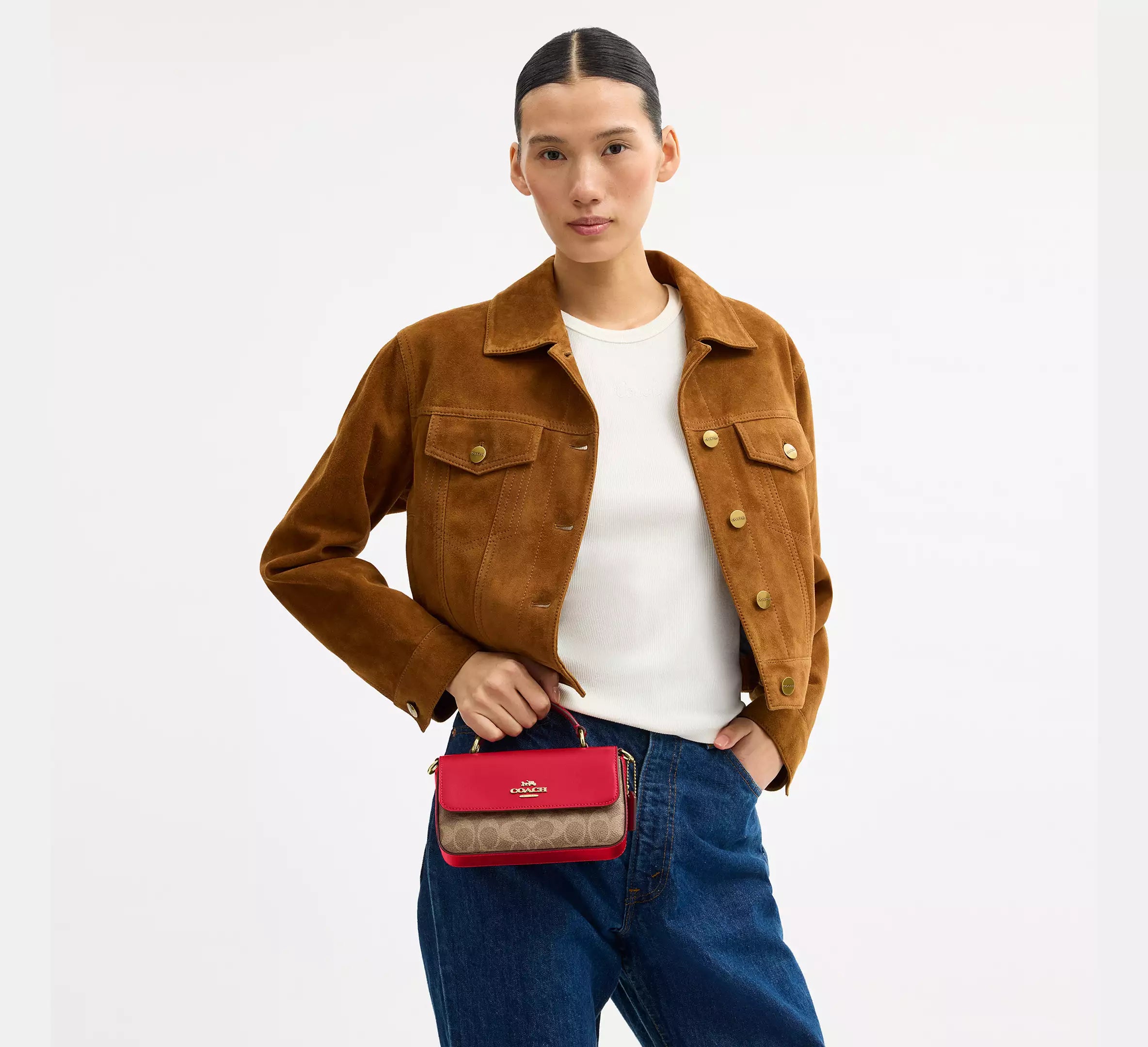 Coach Mini Josie Top Handle Bag In Signature  - Im/Tan/Carnation