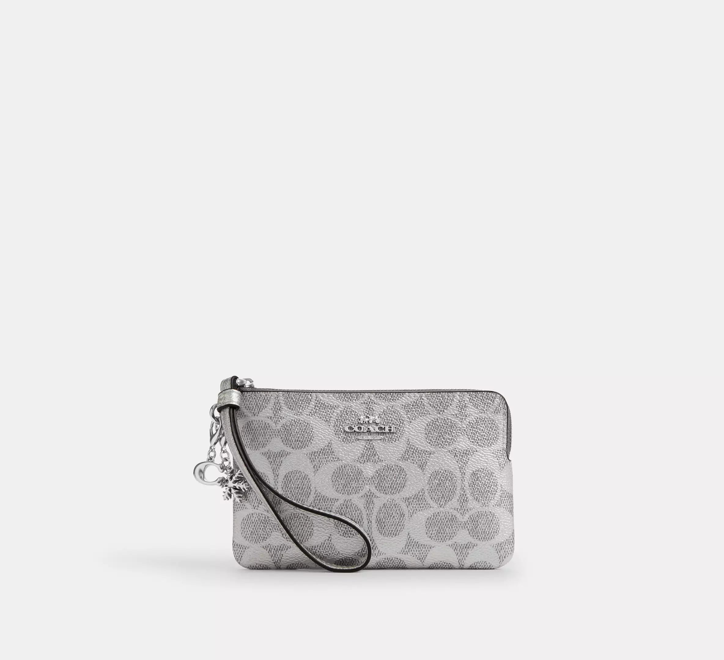 Coach Boxed Corner Zip Wristlet In Signature With Charms - Silver
