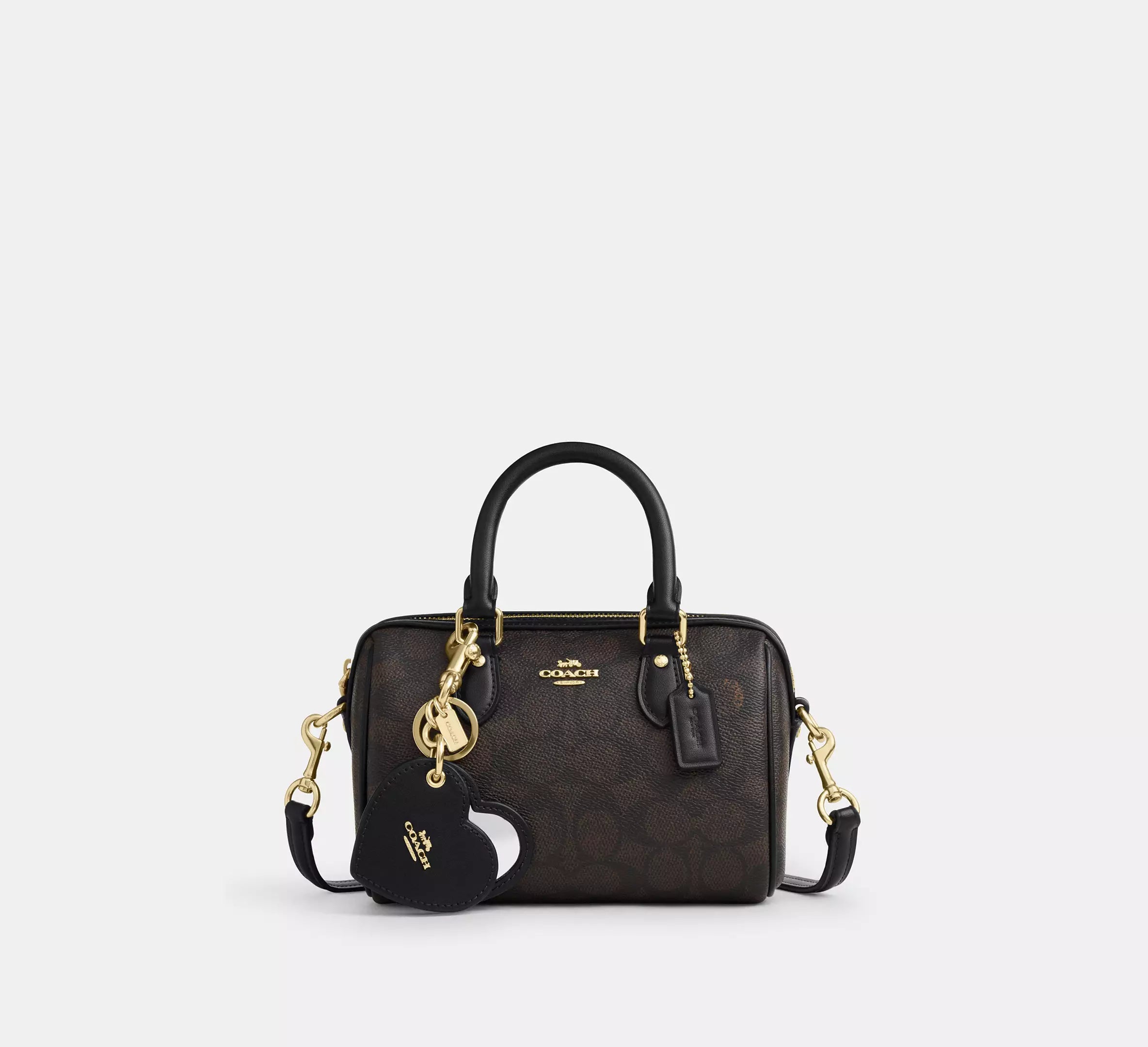 Coach  Boxed Mini Rowan Crossbody Bag And Mirror Bag Charm Set In Signature -  Gold/Walnut/Black