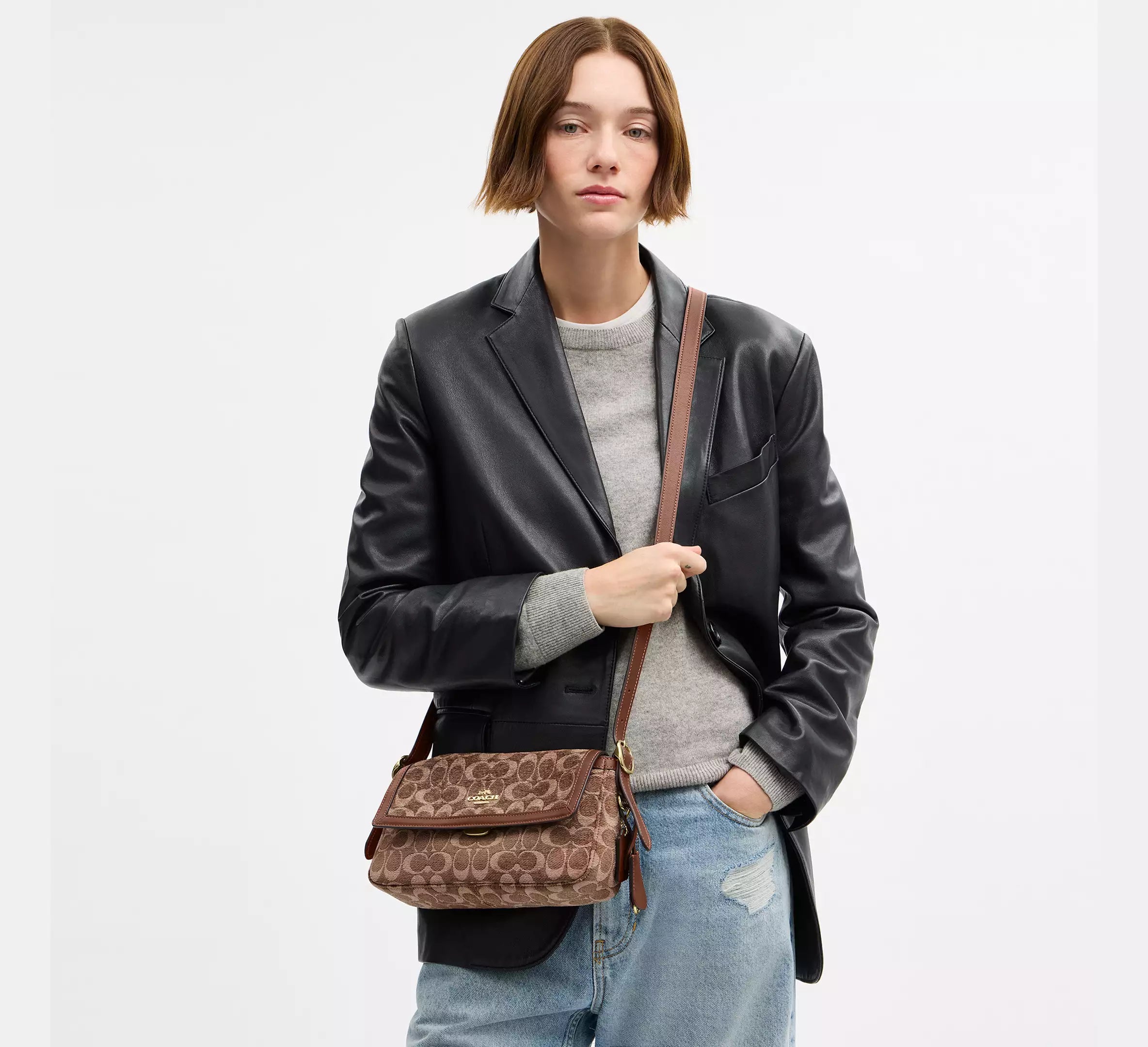 Coach Etta Small Flap Shoulder Bag In Signature Chenille  -  Gold/Light Khaki/Vintage Brown