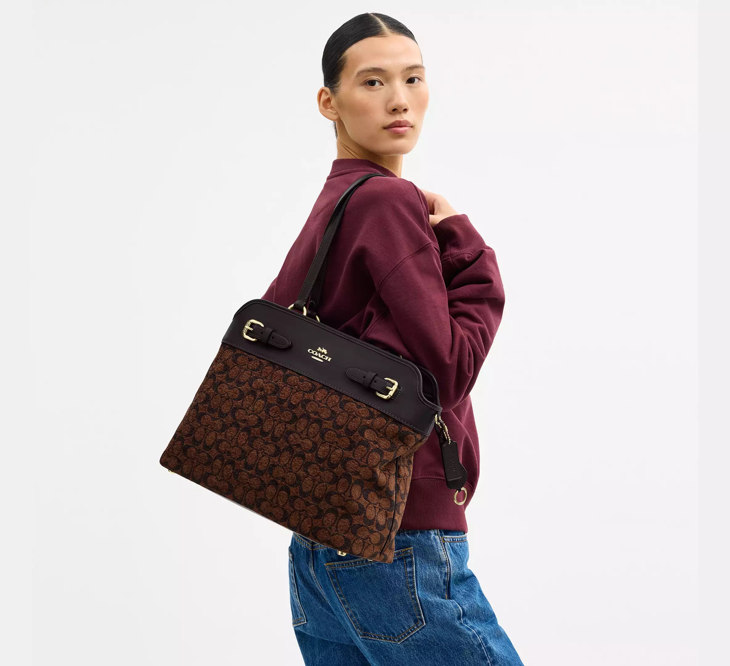 Coach Easton Tote Bag In Signature Chenille  - Gold/Truffle