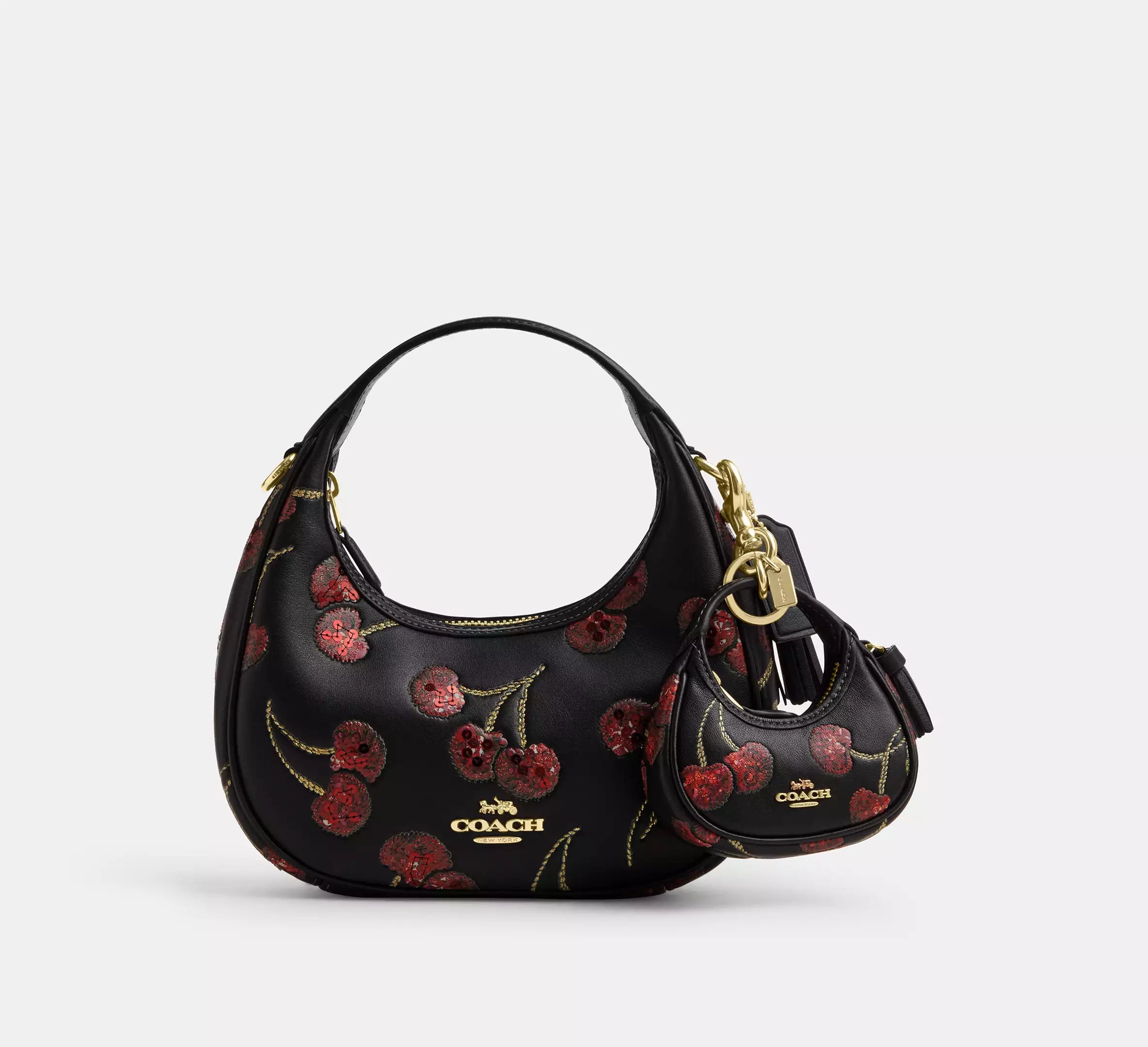 Coach Carmen Bag Charm With Cherry Print  -  Gold/Black Multi