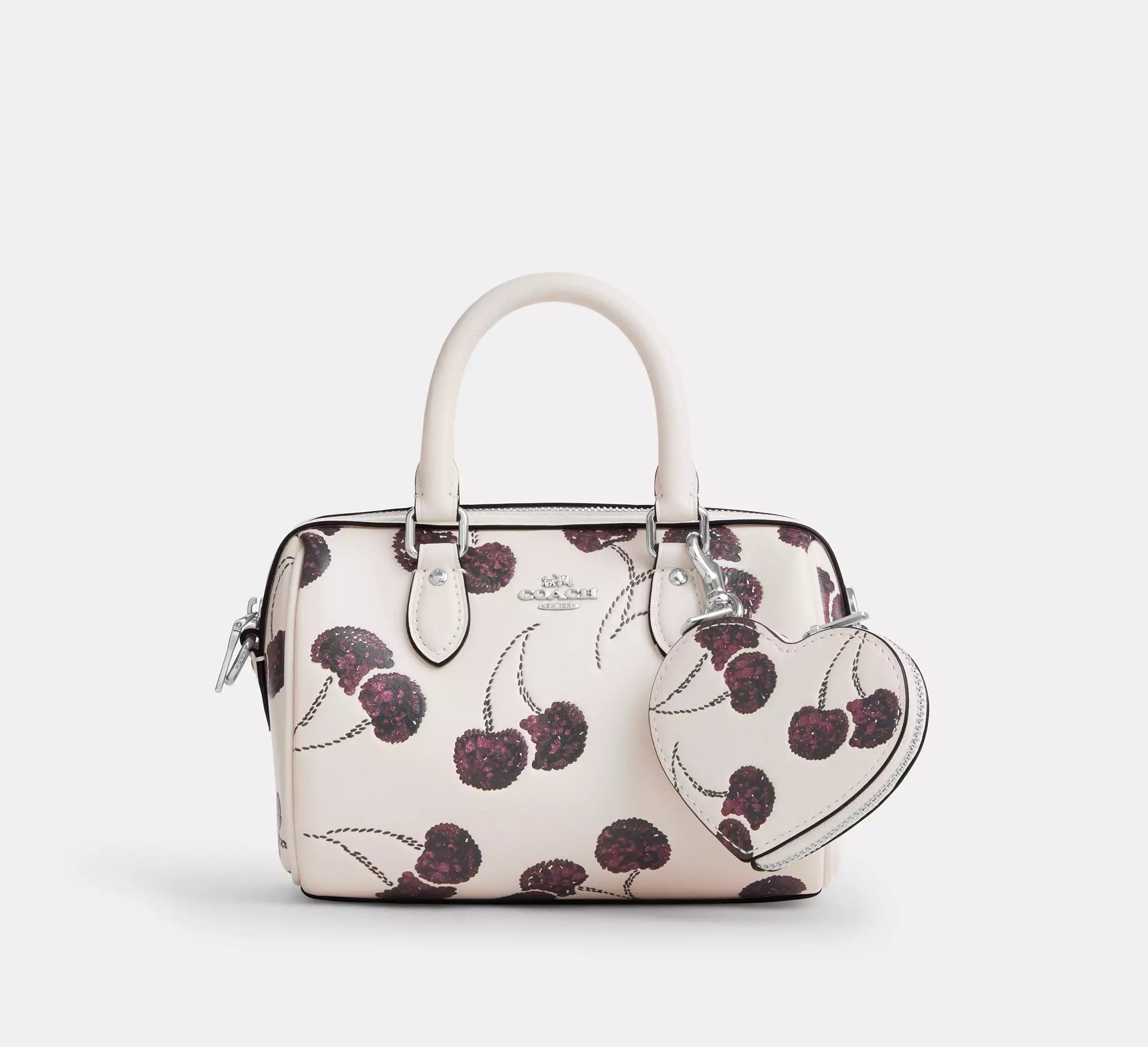 Coach Heart Bag Charm With Cherry Print  -  Silver/Chalk Multi