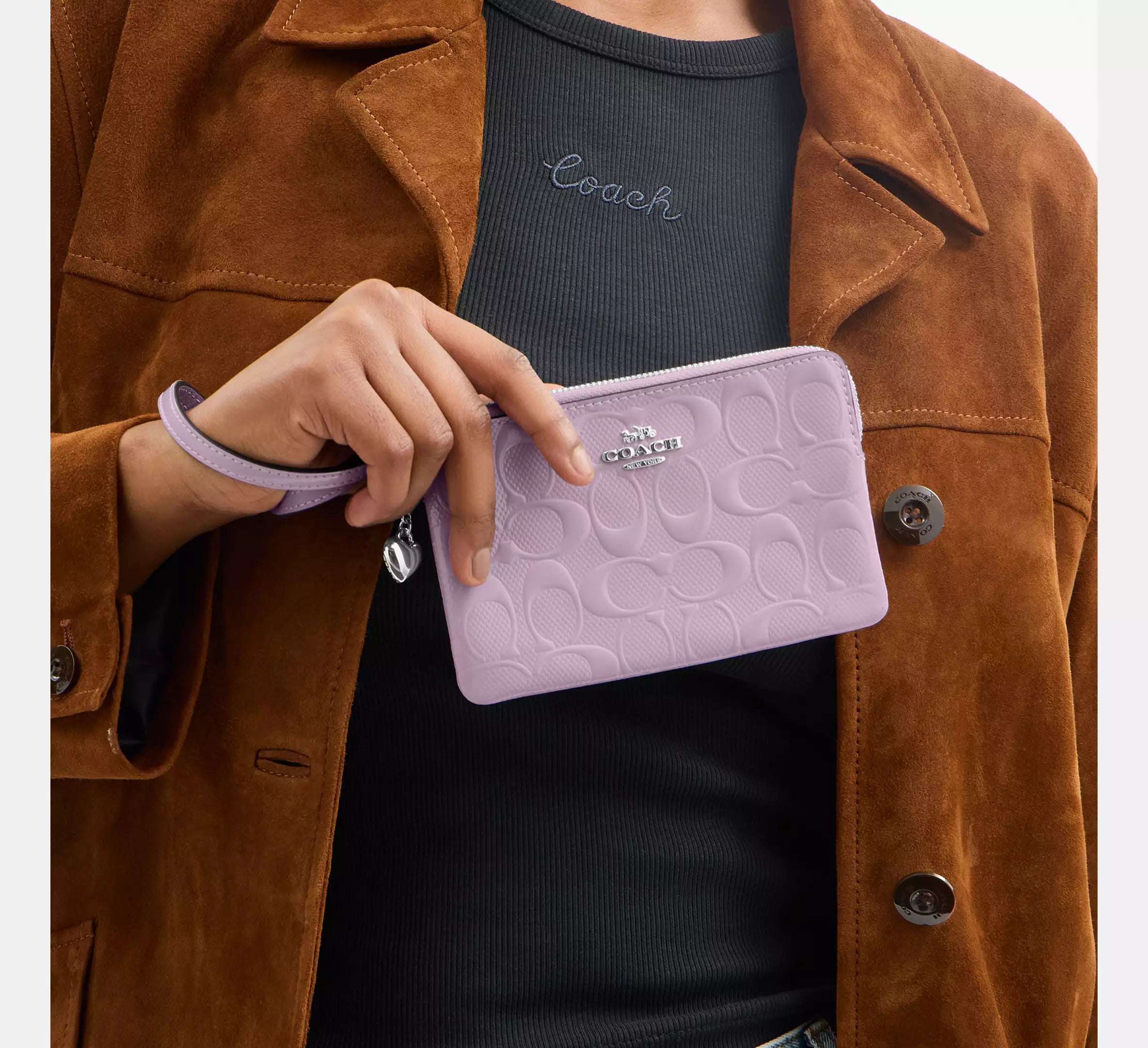 Coach Corner Zip Wristlet In Signature Leather With Heart Charm - Silver/Light Violet
