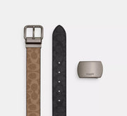 Coach Boxed Roller Buckle Cut-To-Size Reversible Belt, 38 Mm  -   Gunmetal/Tan Charcoal