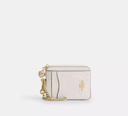 Coach Zip Card Case In Signature Leather With Heart Charm - Gold/Chalk