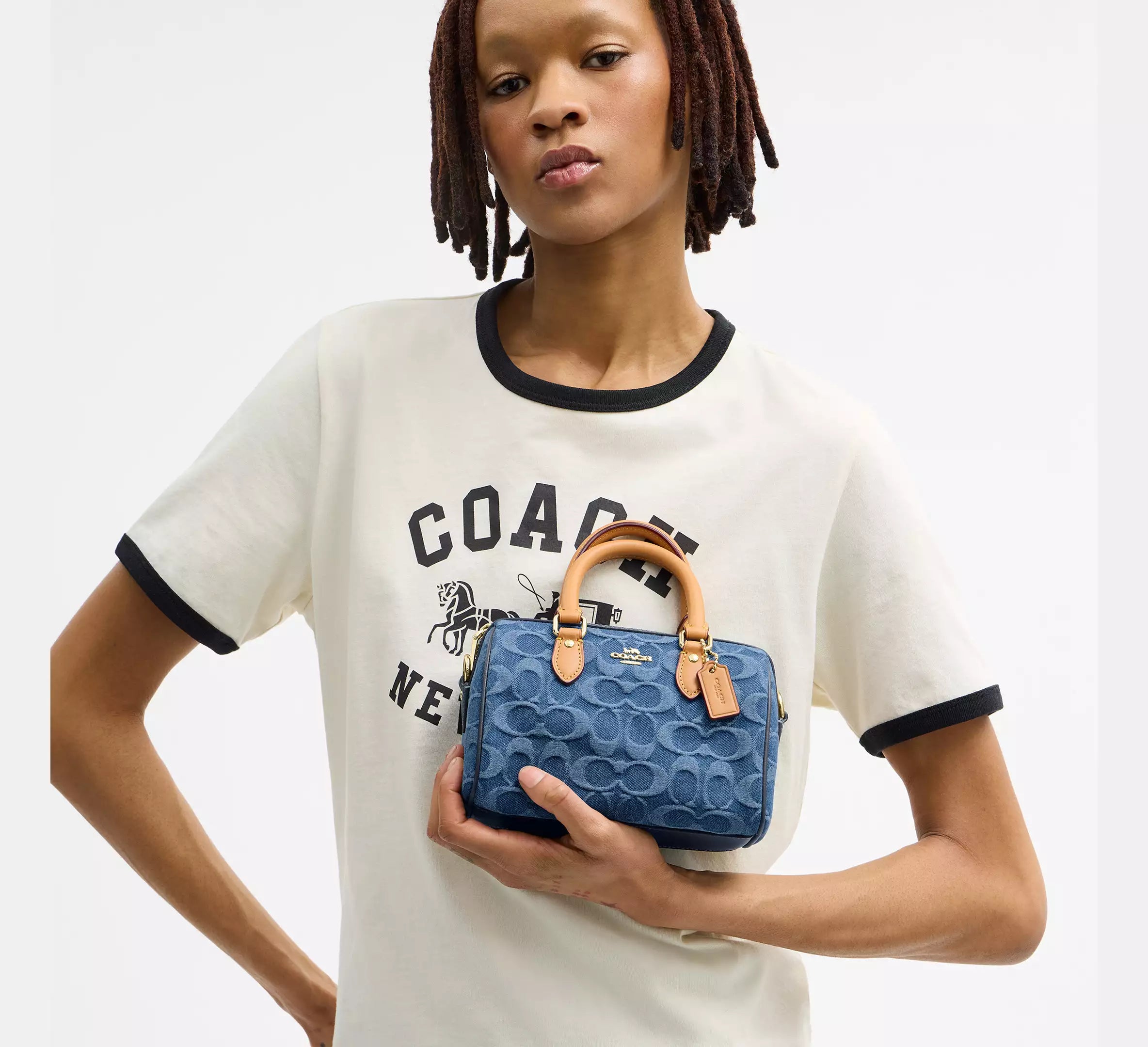 Coach Mini Rowan Crossbody Bag In Signature Denim - denim/Gold