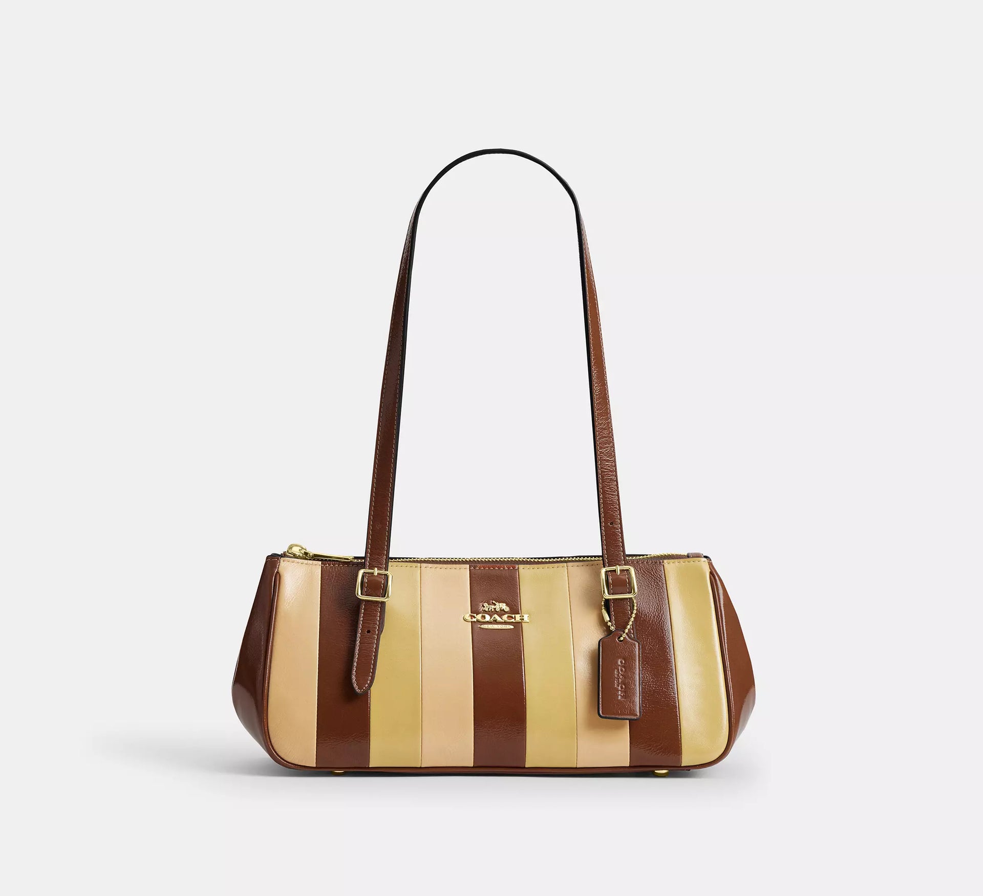 Coach Asher Shoulder Bag With Striped Patchwork - Gold/Redwood