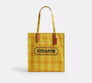 Coach Canvas Tote Bag With Plaid Print  -  Gold/Burnished Amber