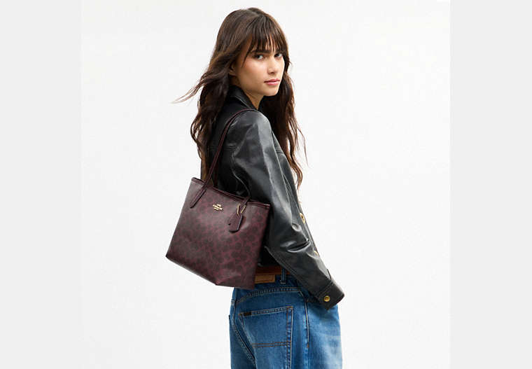 Coach  Medium City Tote Bag In Signature  - Sgnature canvas/Gold/Black Currant