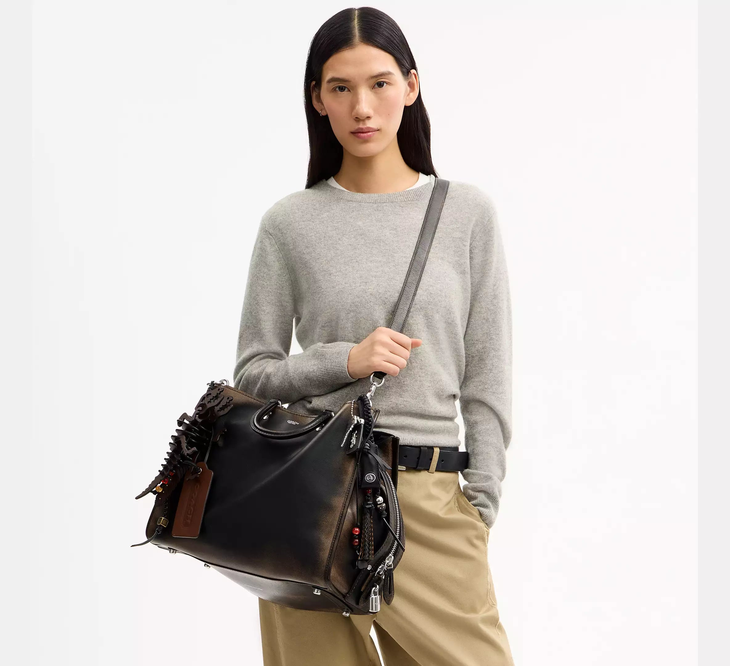 Coach Rogue Bag 40 In Loved Leather With Charms -   Silver/Black Brown