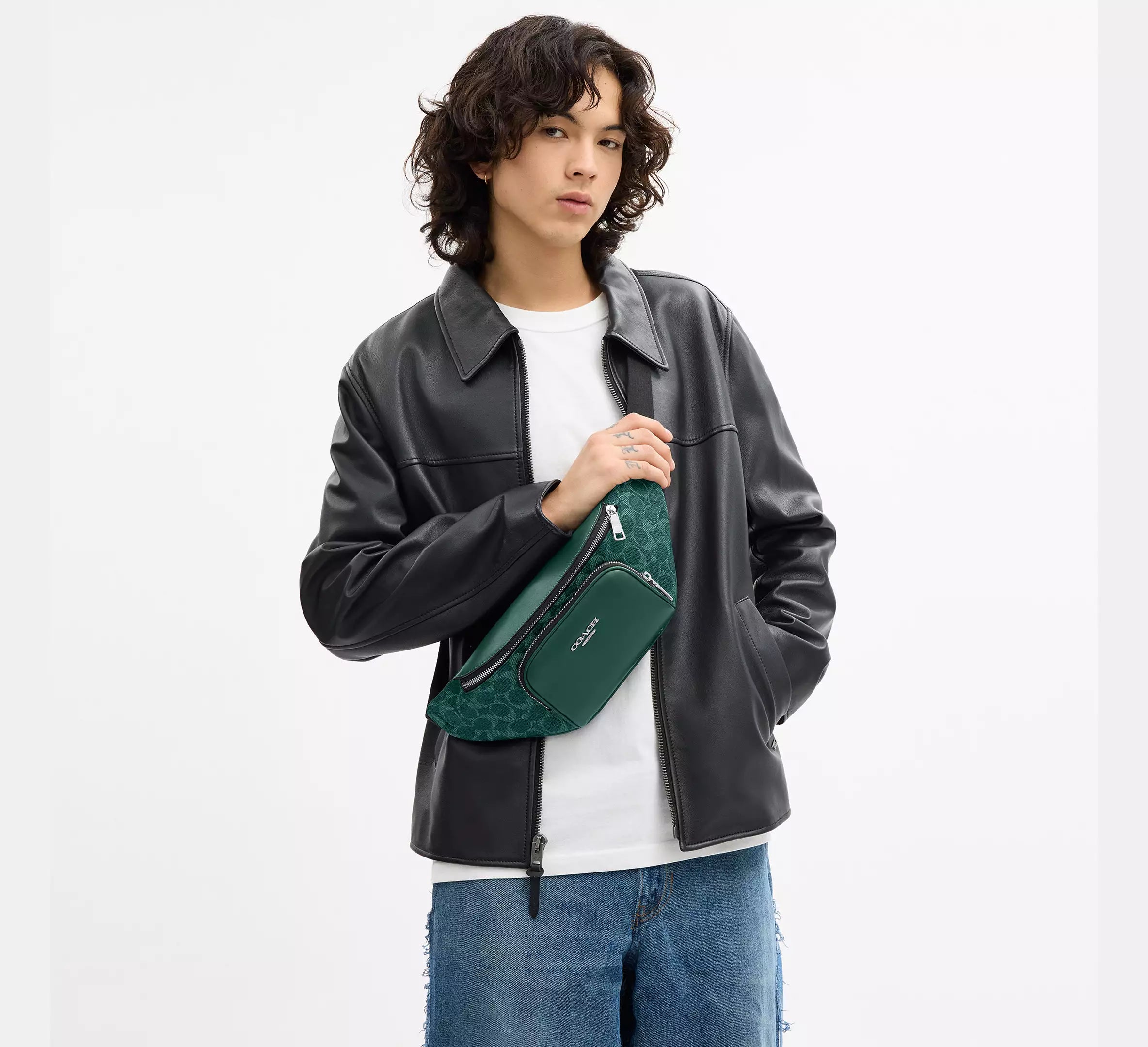Coach Racer Small Belt Bag In Signature - Silver/Sea Green