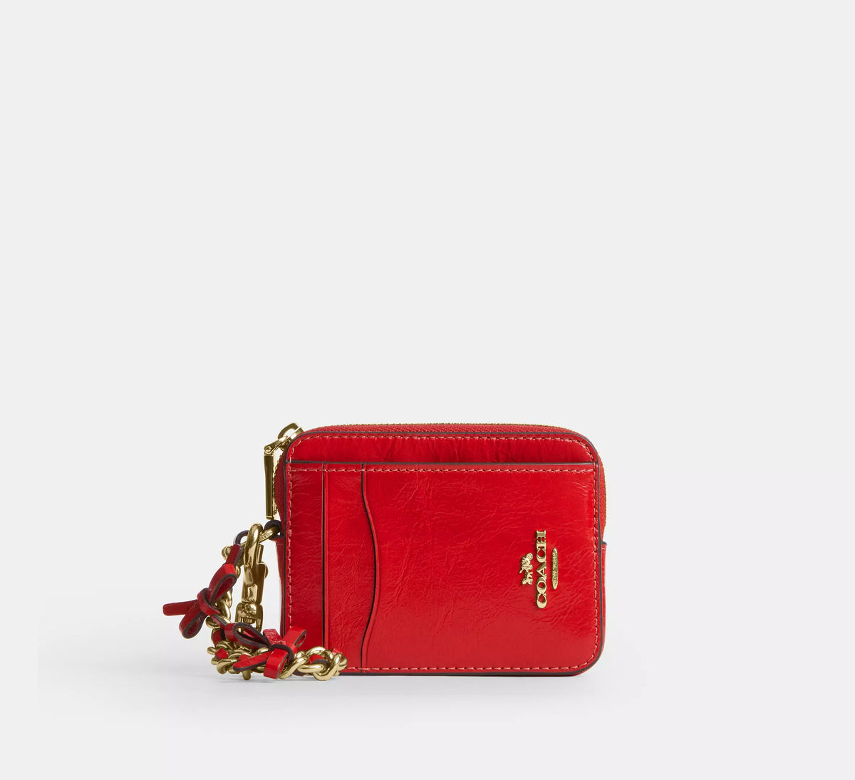 Coach Zip Card Case With Bows  -  Gold/Bright Cherry