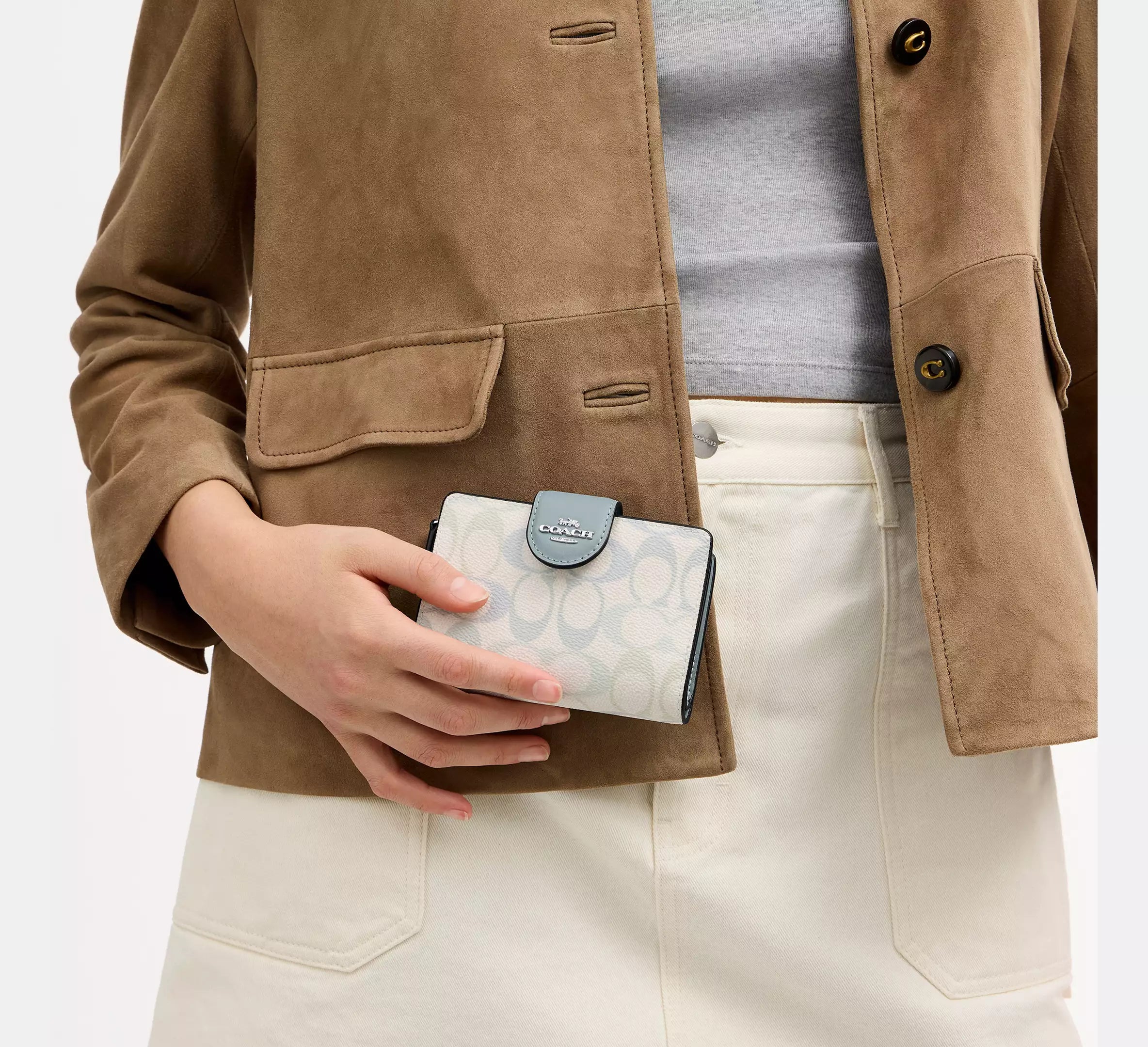 Coach Medium Corner Zip Wallet In Signature - Silver/Chalk/Blue