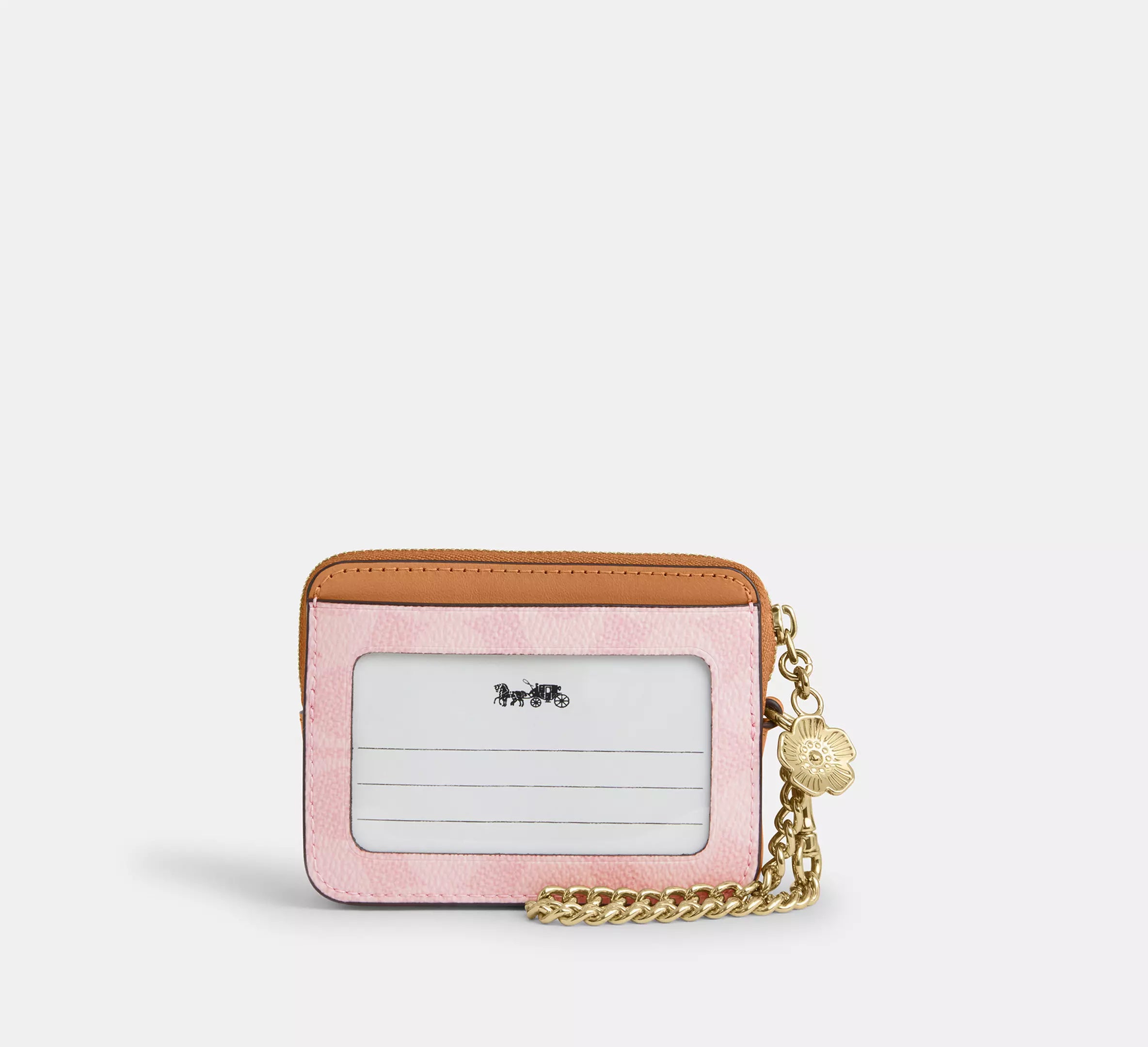 Coach Zip Card Case In Signature  With Charm - Gold/Powder Pink