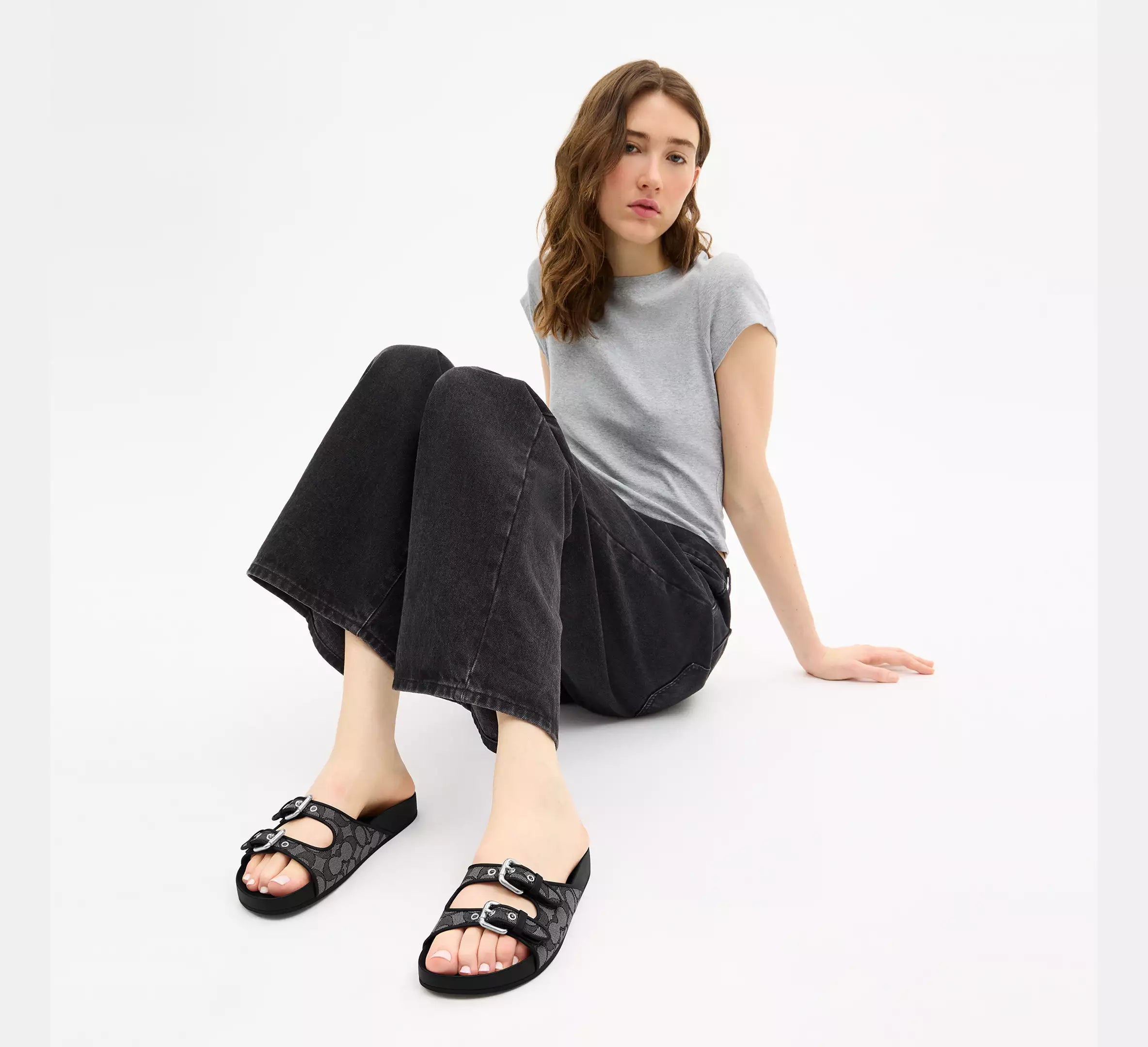 Coach Two Band Buckle Sandal In Signature Jacquard - Charcoal/Black