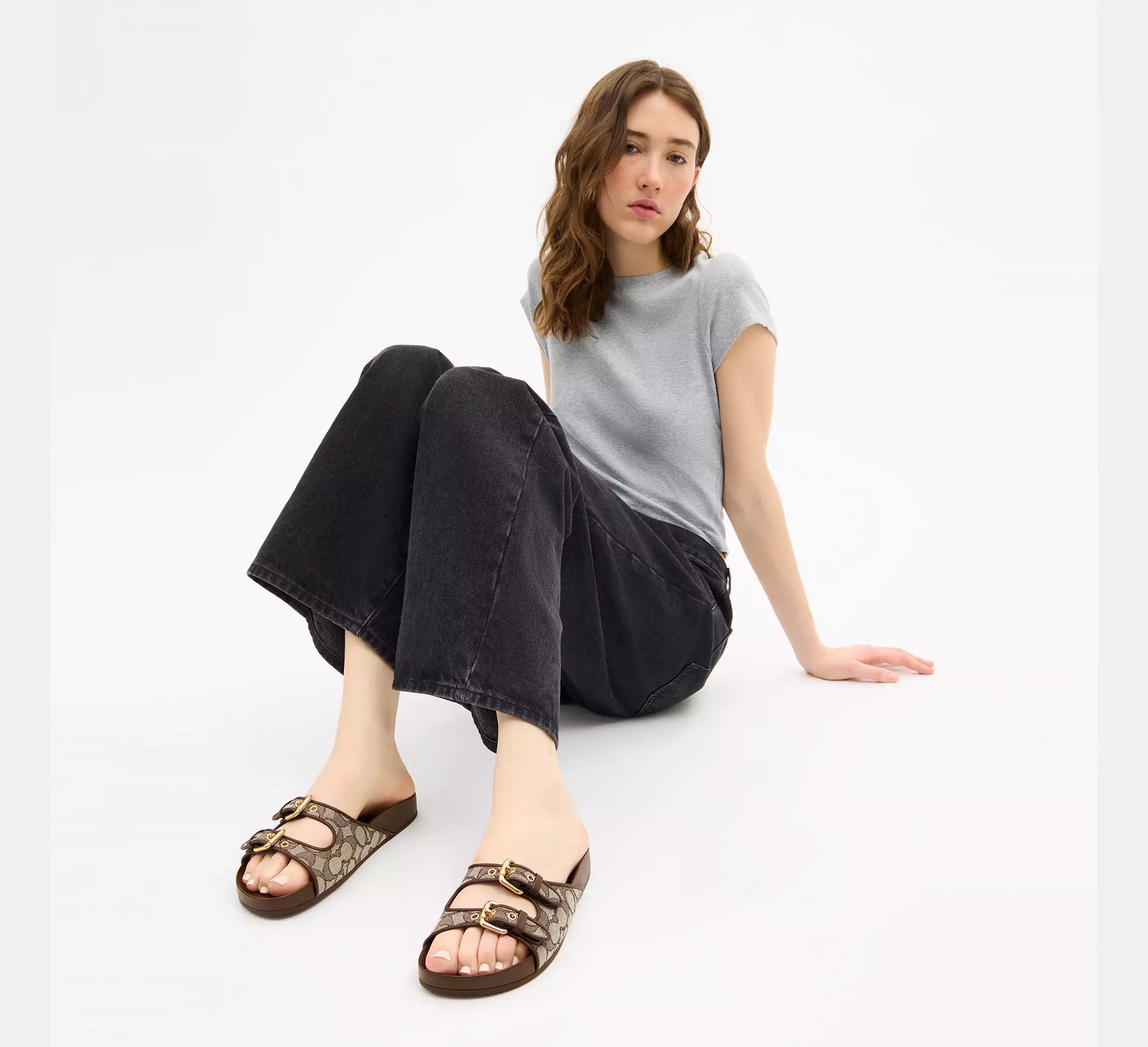 Coach Two Band Buckle Sandal In Signature Jacquard - Oak/Maple