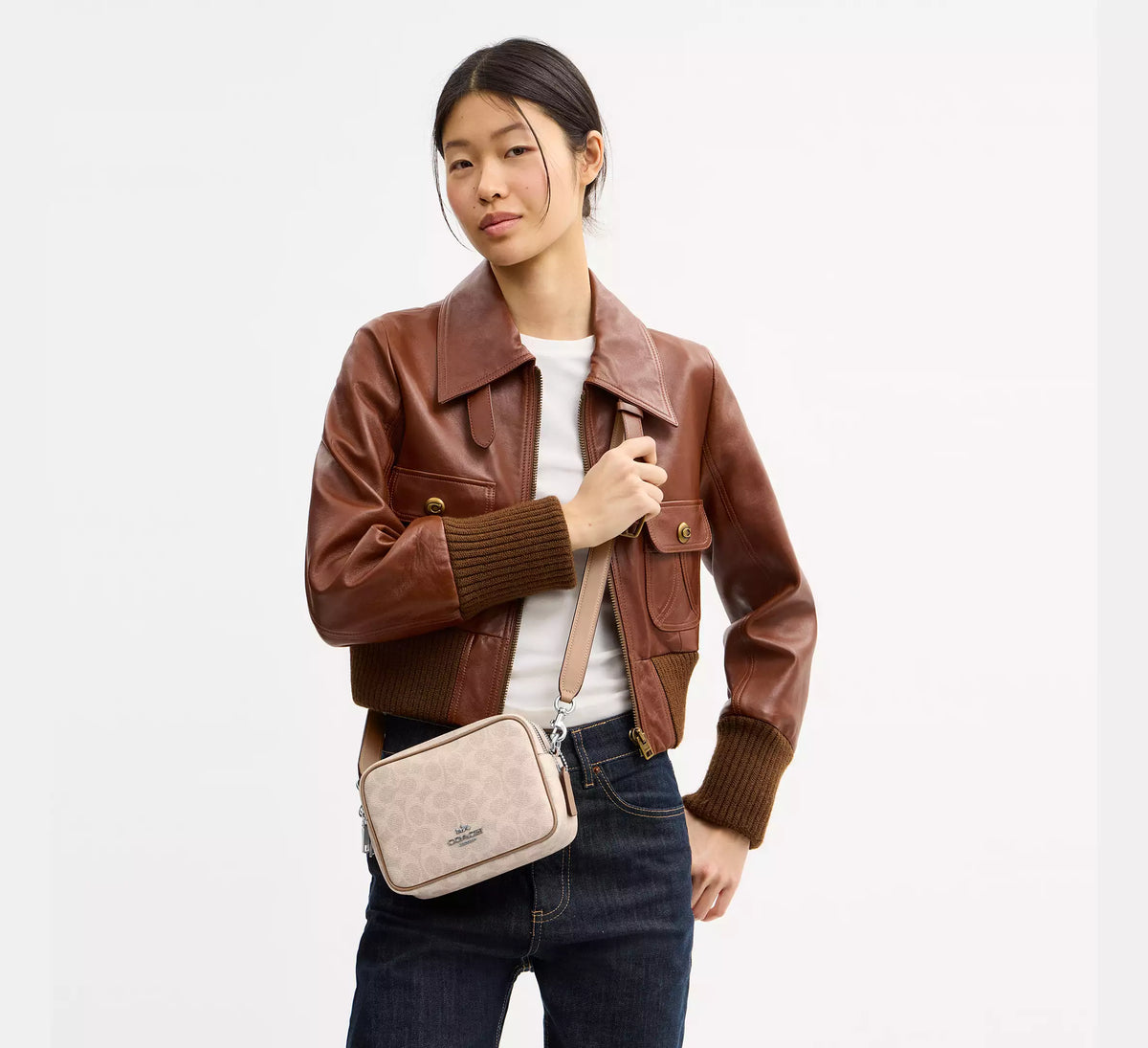 Coach Mini Carey Crossbody Bag In Signature  -  Silver/Sand/Taupe