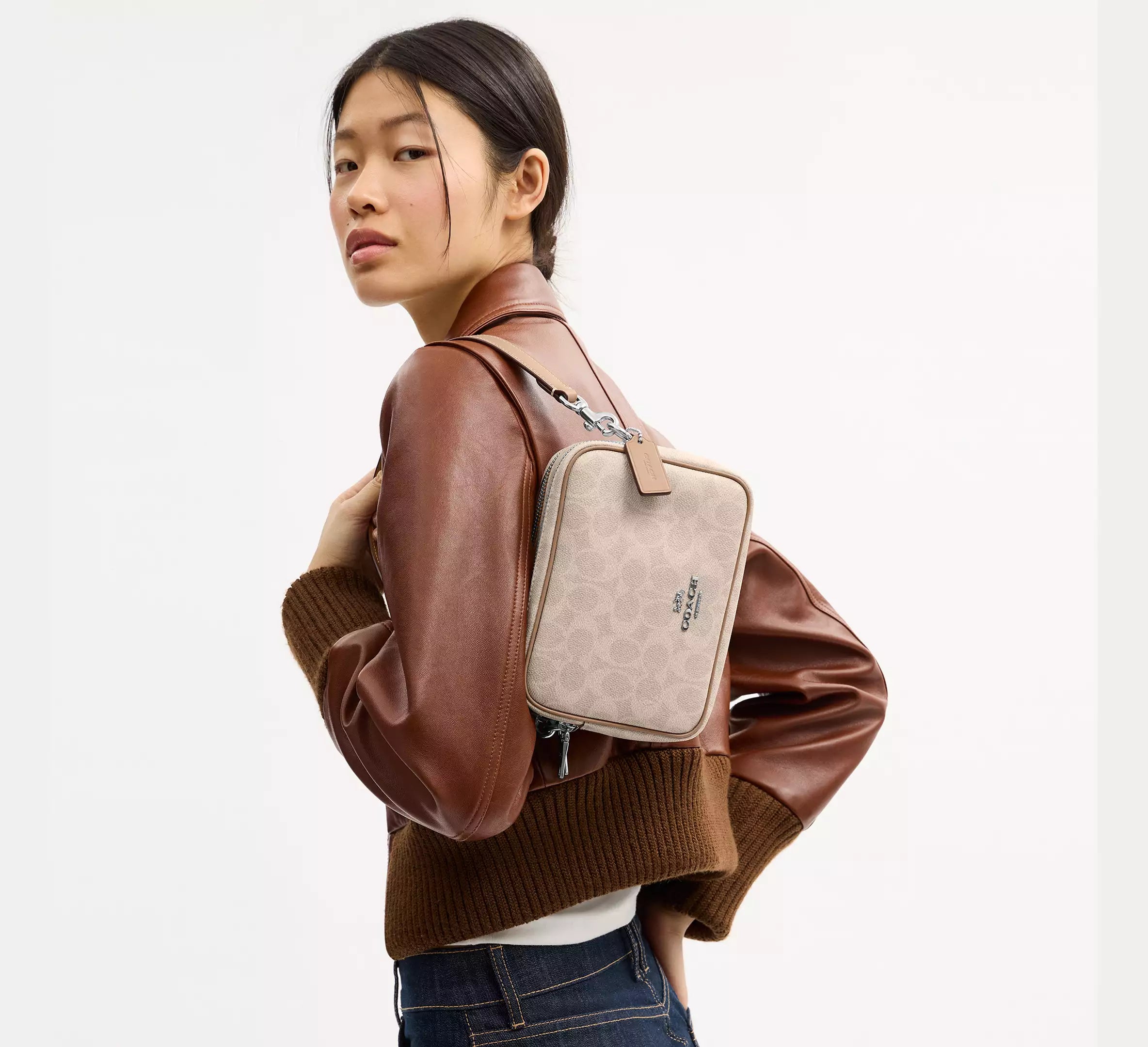 Coach Mini Carey Crossbody Bag In Signature  -  Silver/Sand/Taupe