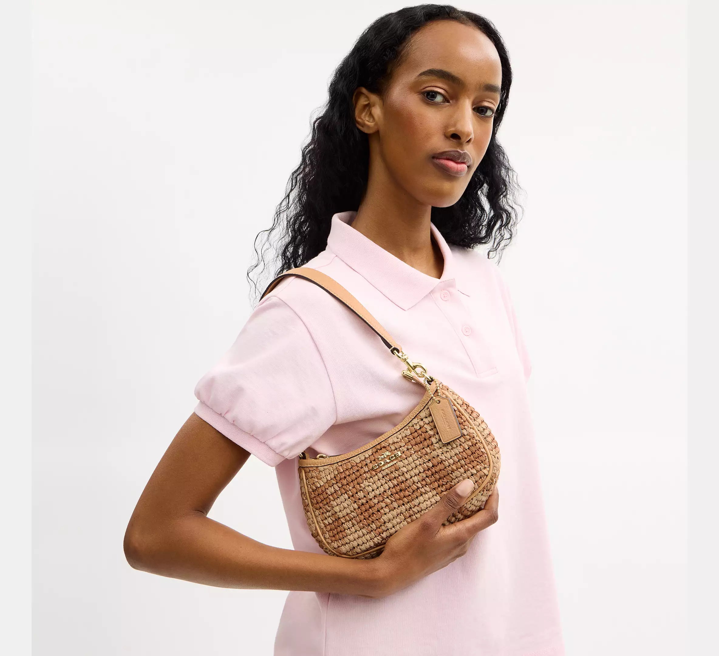 Coach Teri Mini Crossbody Bag With Gingham Print  -   straw/Gold/Tan