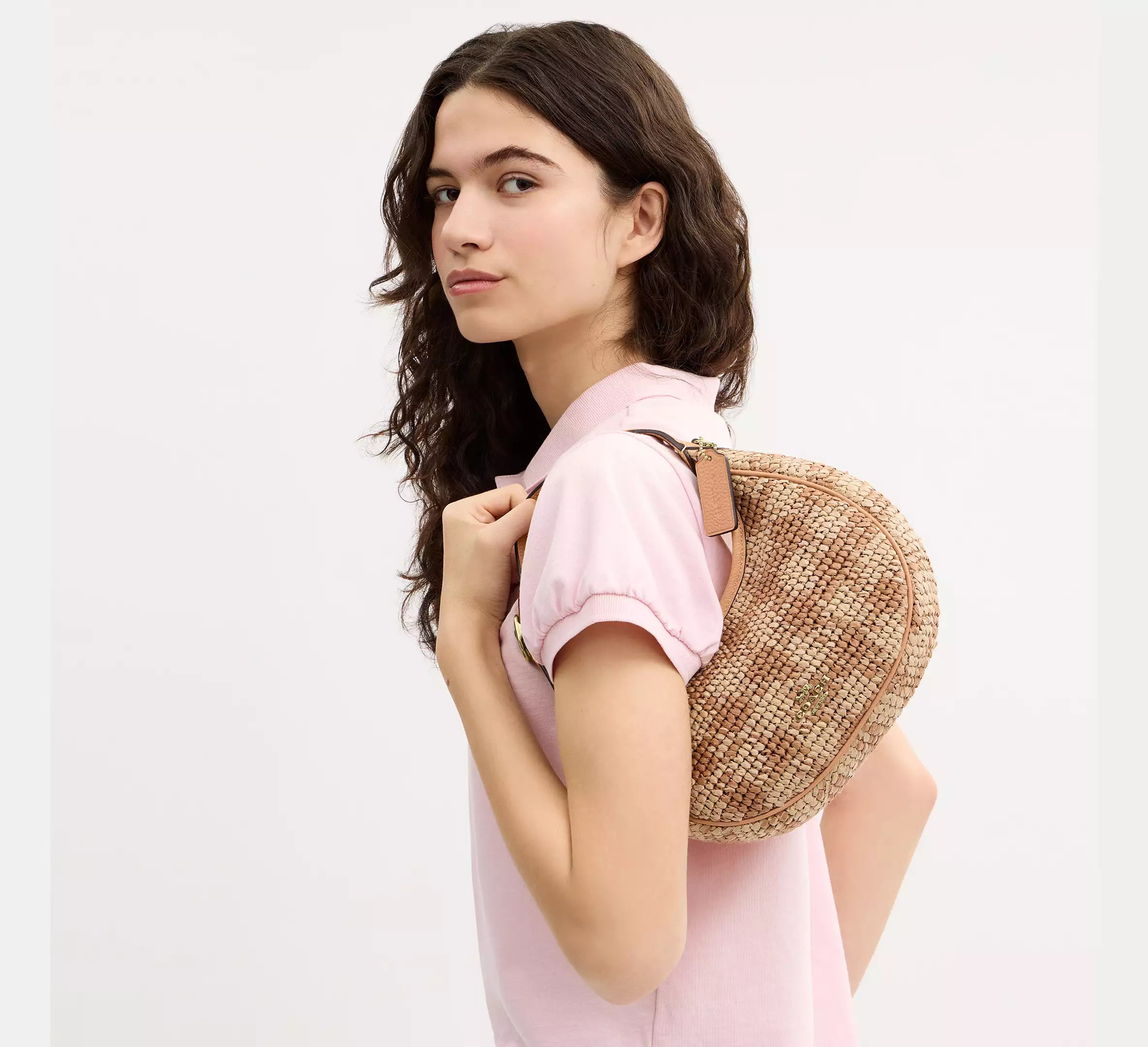 Coach Emily Shoulder Bag With Gingham Print  -   straw/Gold/Tan