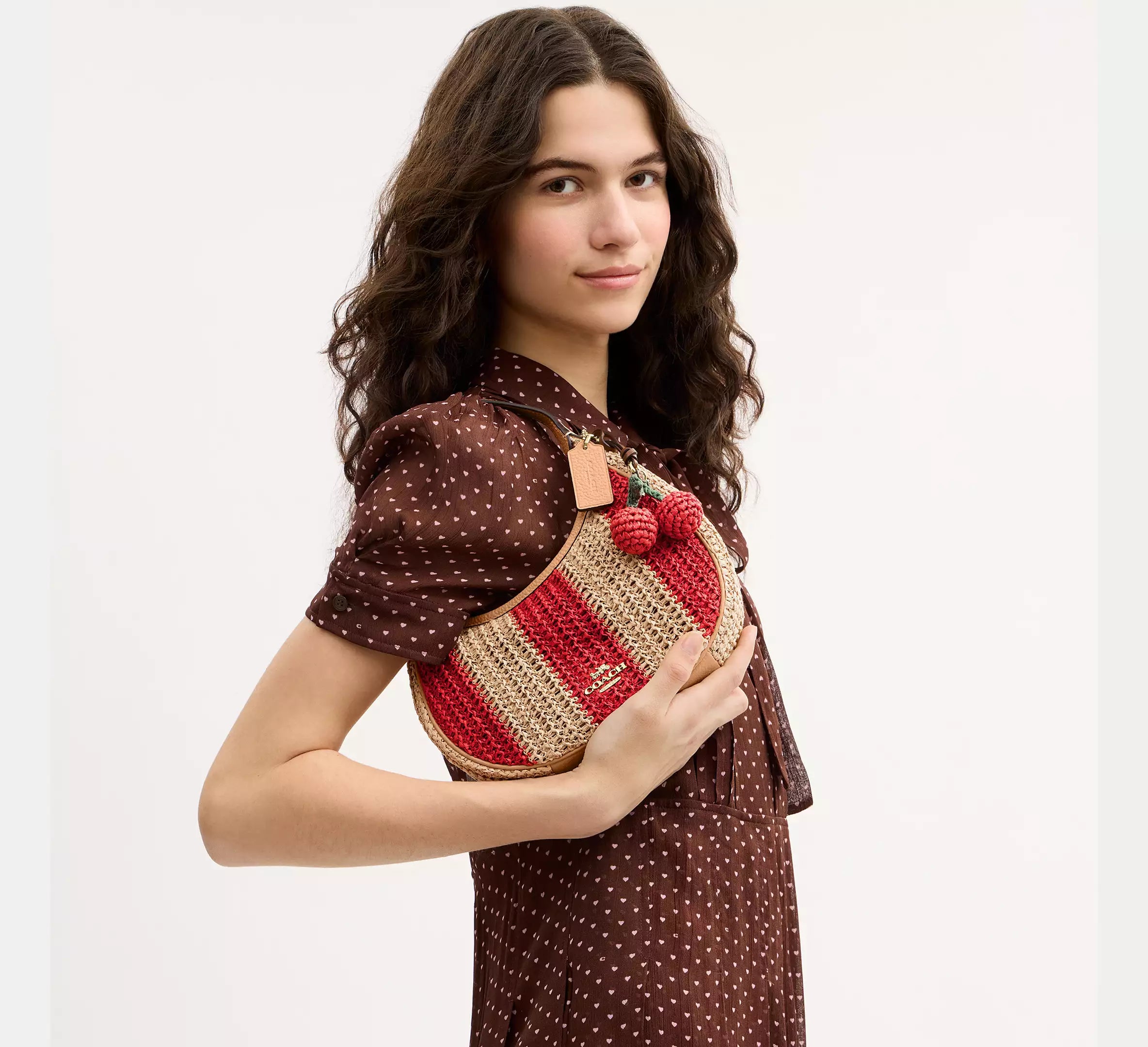 Coach Emily Shoulder Bag With Charm  -  straw/Gold/Red/Tan