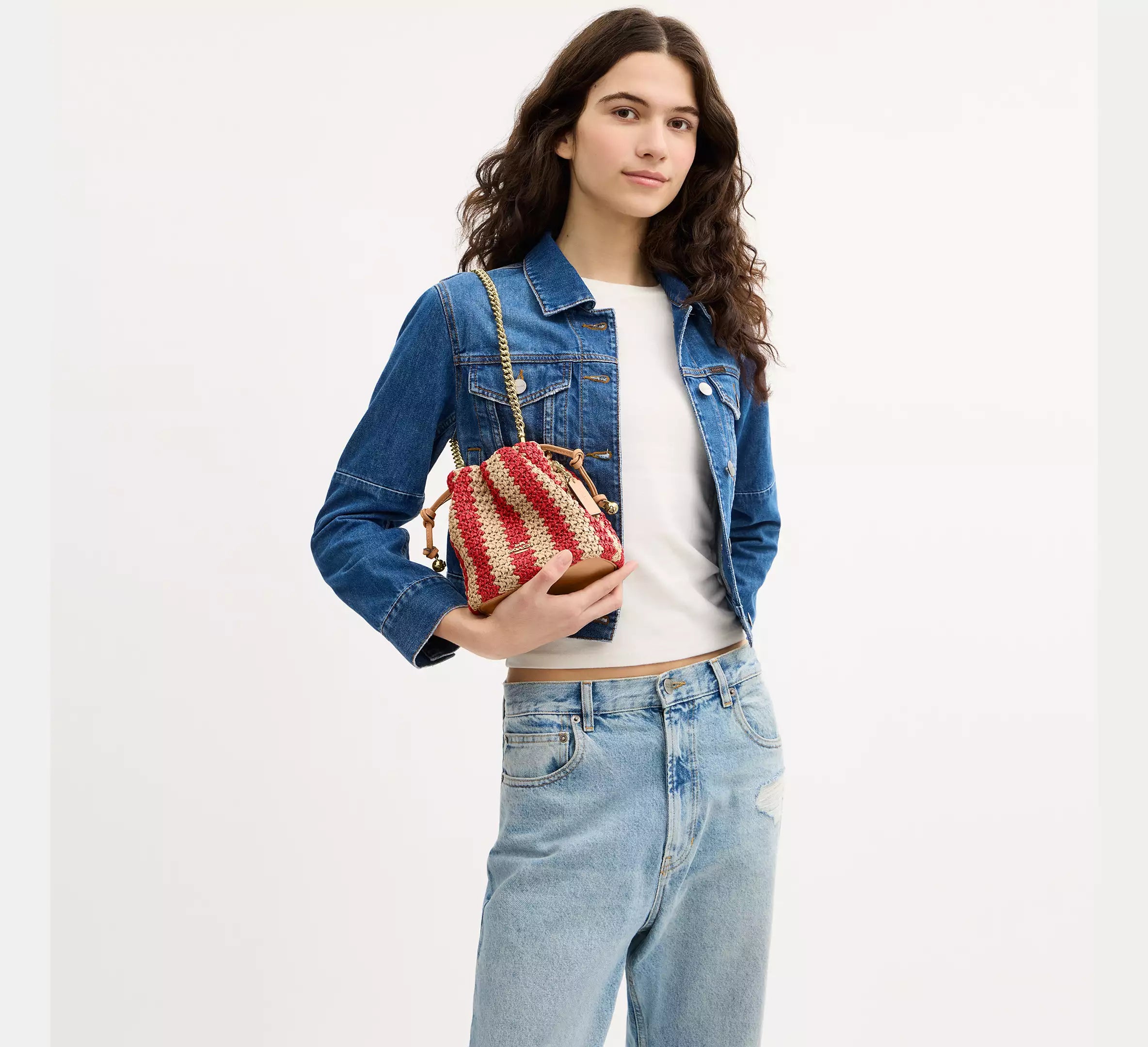 Coach Faye Mini Drawstring Bag With Stripes  -  straw/Gold/Red/Tan
