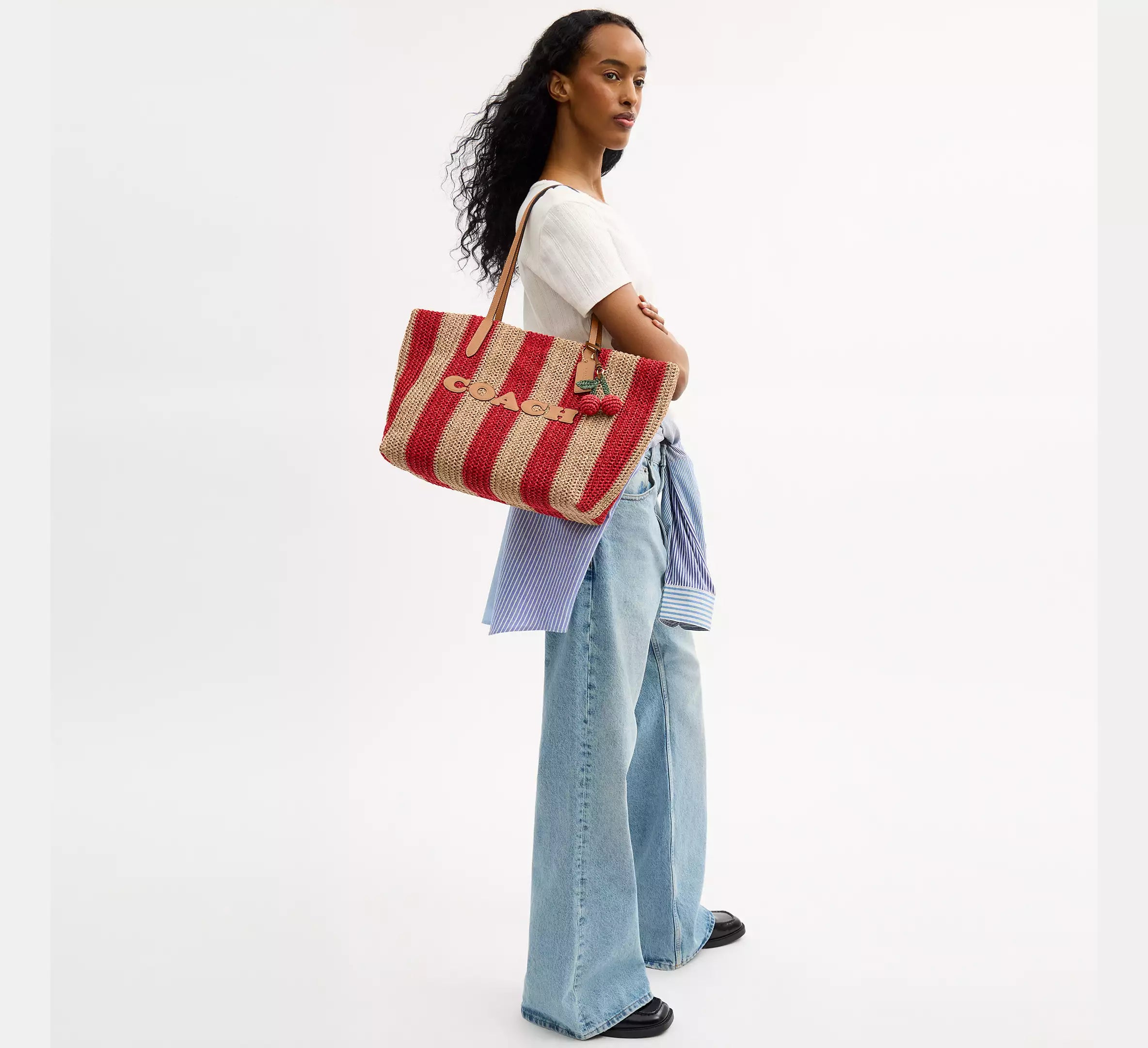 Coach City Tote Bag With Stripes And Charm -  straw/Gold/Red/Tan