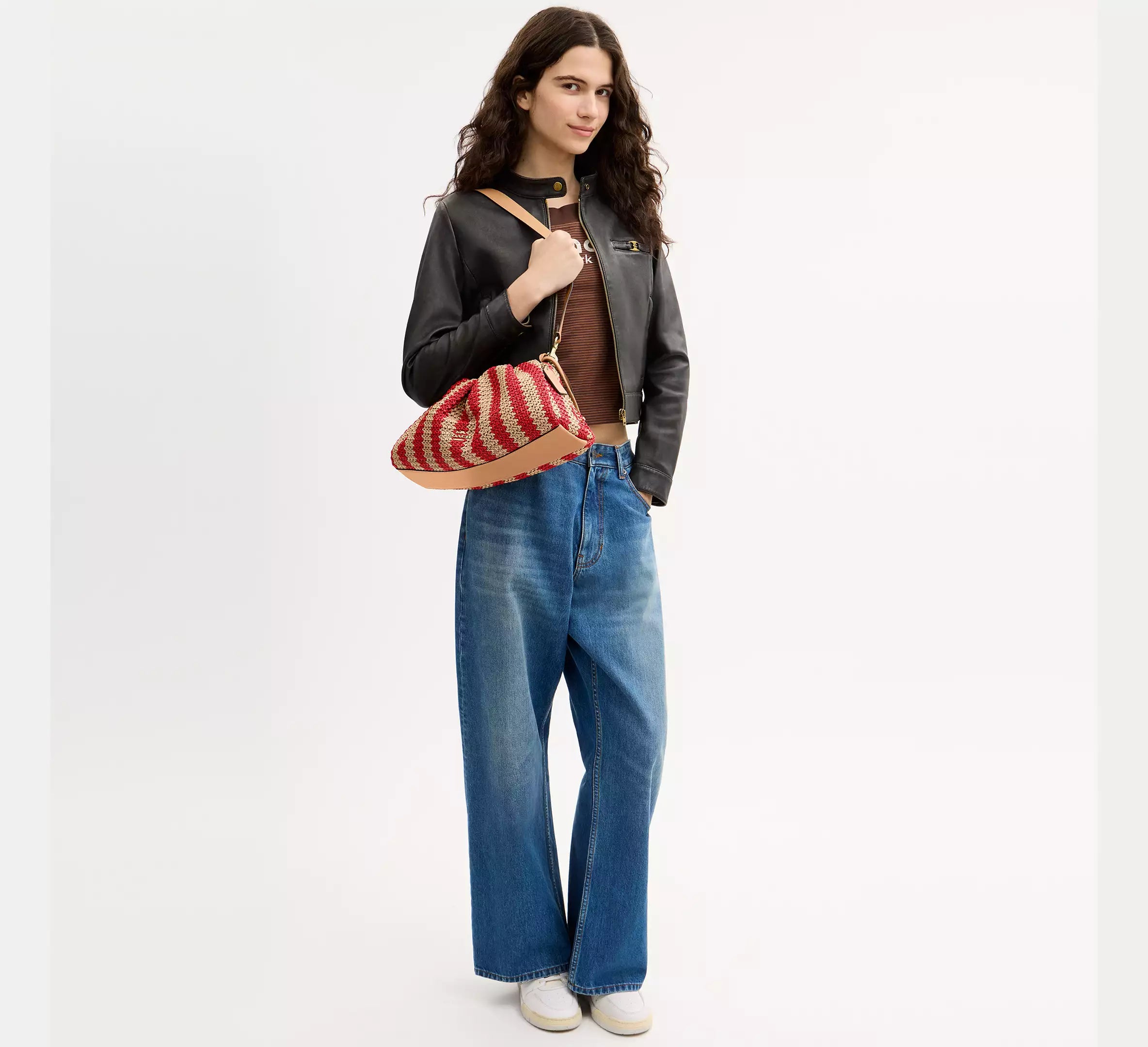 Coach Faye Large Shoulder Bag With Stripes -  straw/Gold/Red/Tan