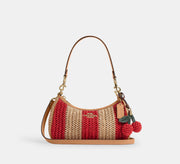 Coach Teri Shoulder Bag With Stripes And Charm  - straw/Gold/Red/Tan