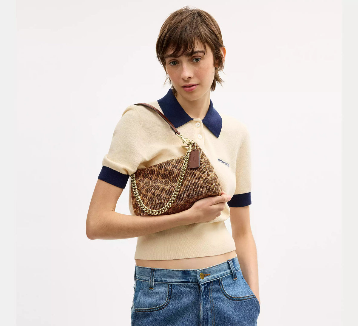 Coach Teri Shoulder Bag In Signature Beaded Satin  -  Gold/Tan