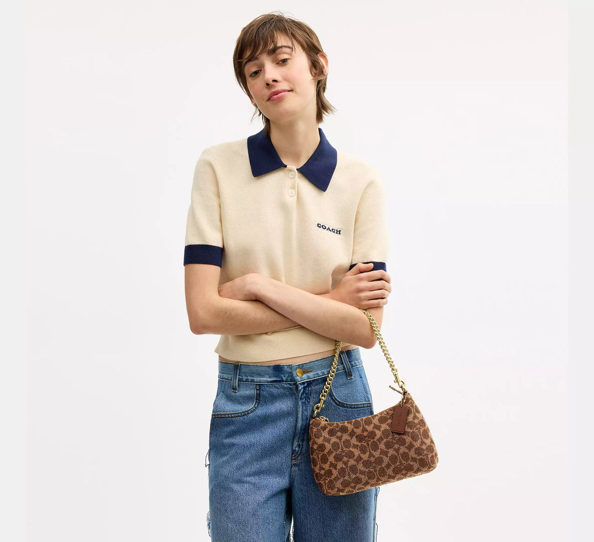 Coach Teri Shoulder Bag In Signature Beaded Satin  -  Gold/Tan