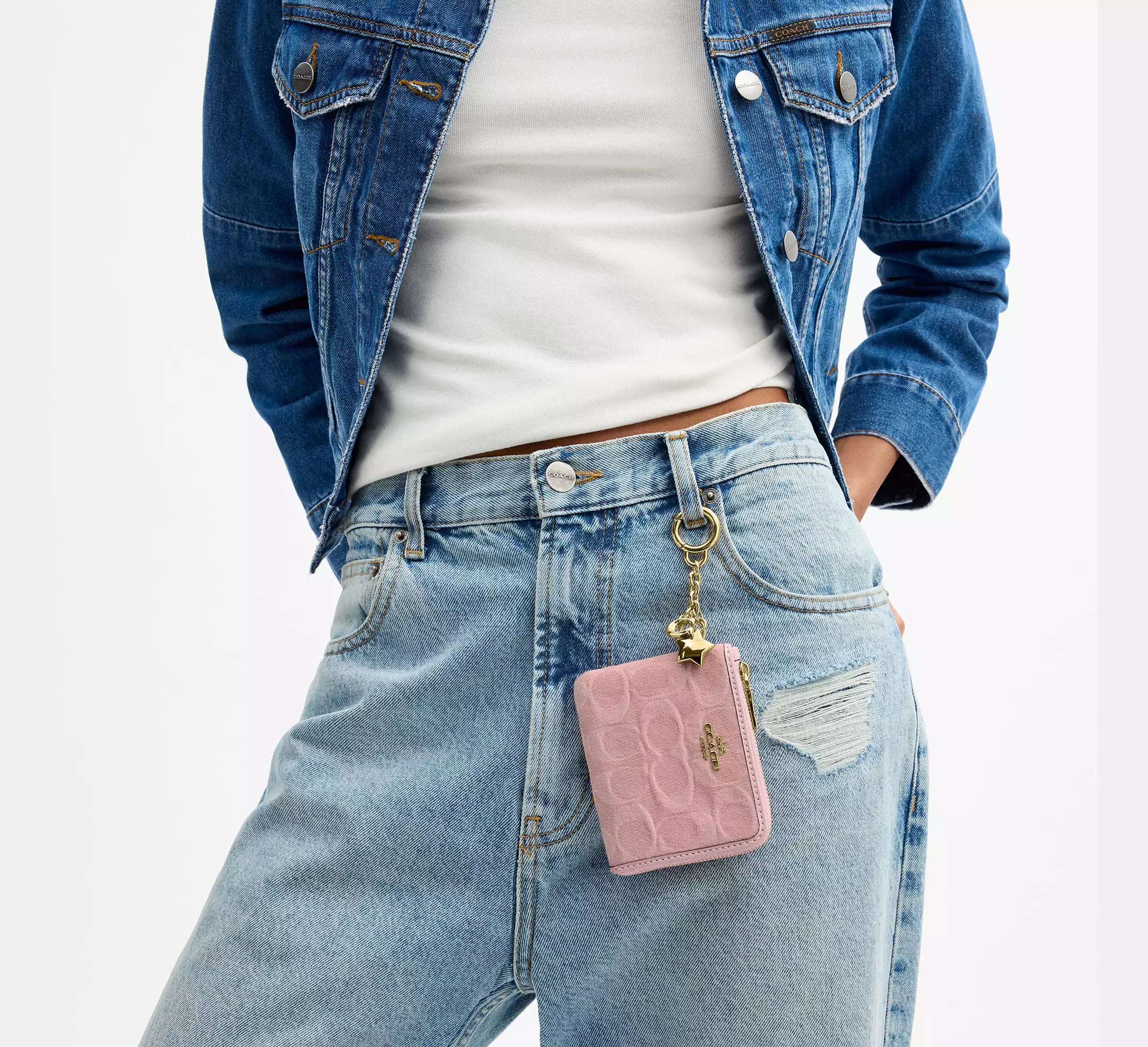 Coach Small Corner Zip Wallet In Signature Denim With Charms -  Gold/Light Pink