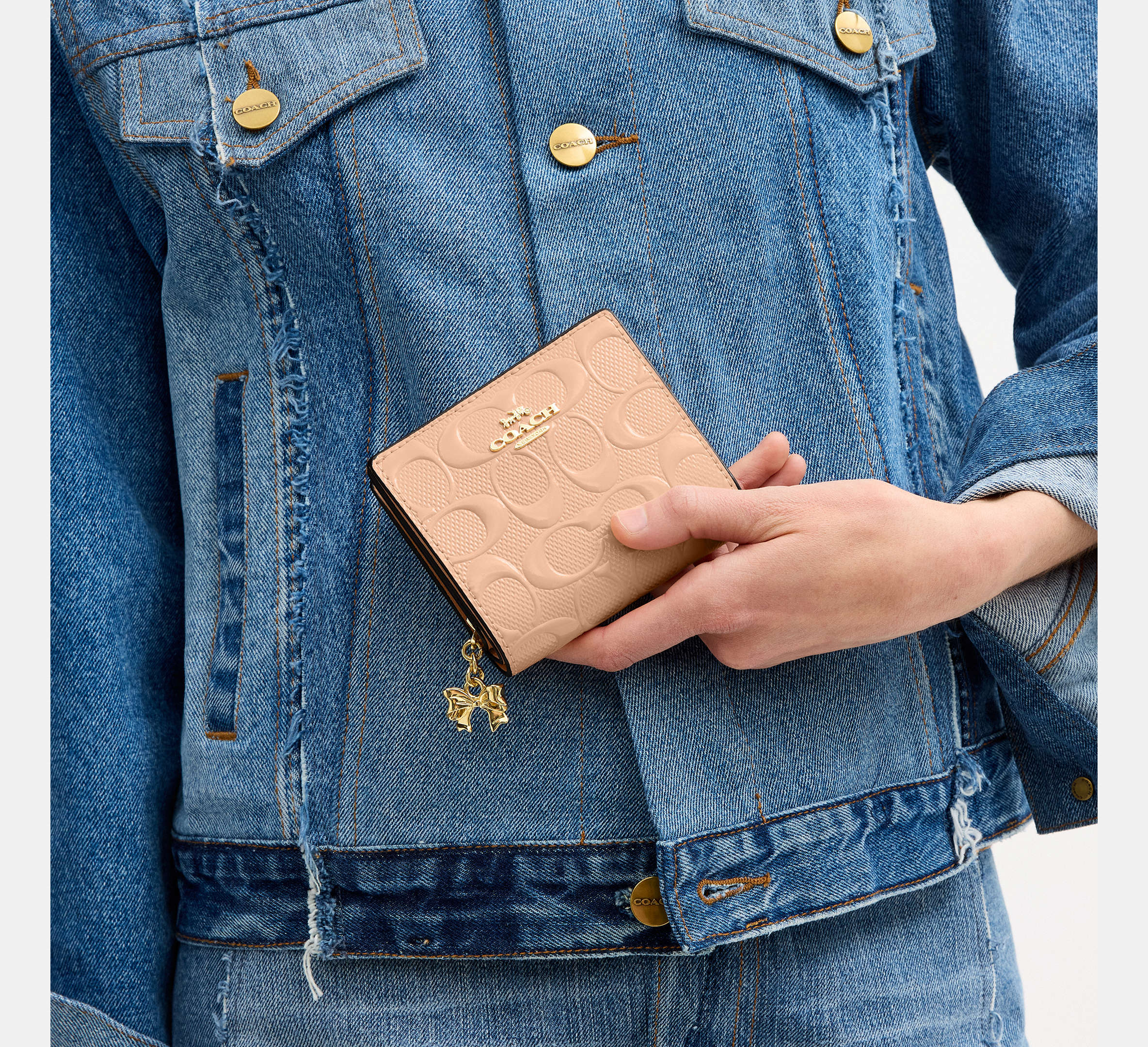 Coach Snap Wallet In Signature Leather With Charm -  Gold/Faded Blush