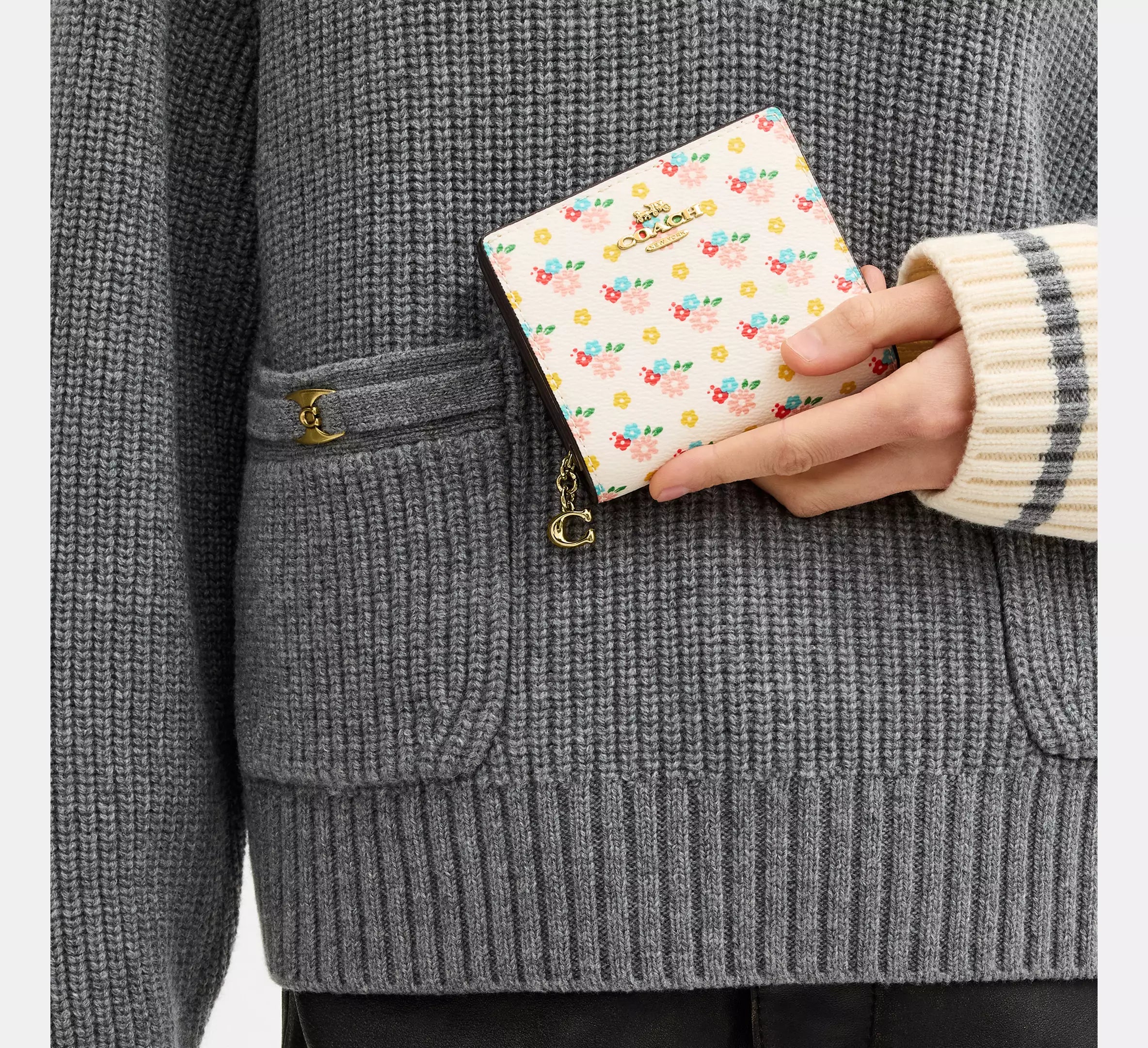 Coach Snap Wallet With Floral Print And Charm -  Gold/Chalk Multi