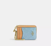 Coach Zip Card Case In Signature Leather With Charm  -  Gold/Light Blue