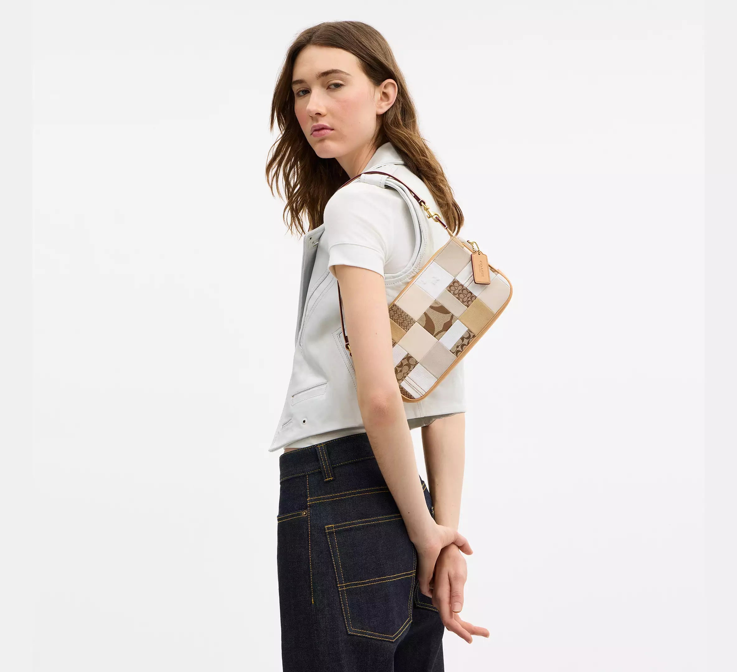 Coach Plaza Bag 25 With Patchwork  -   Brass/White Multicolor