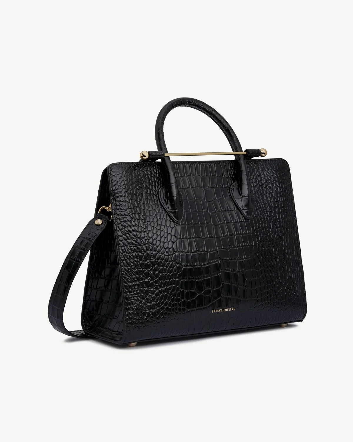 Strathberry Midi Tote  - Croc-Embossed Leather Black