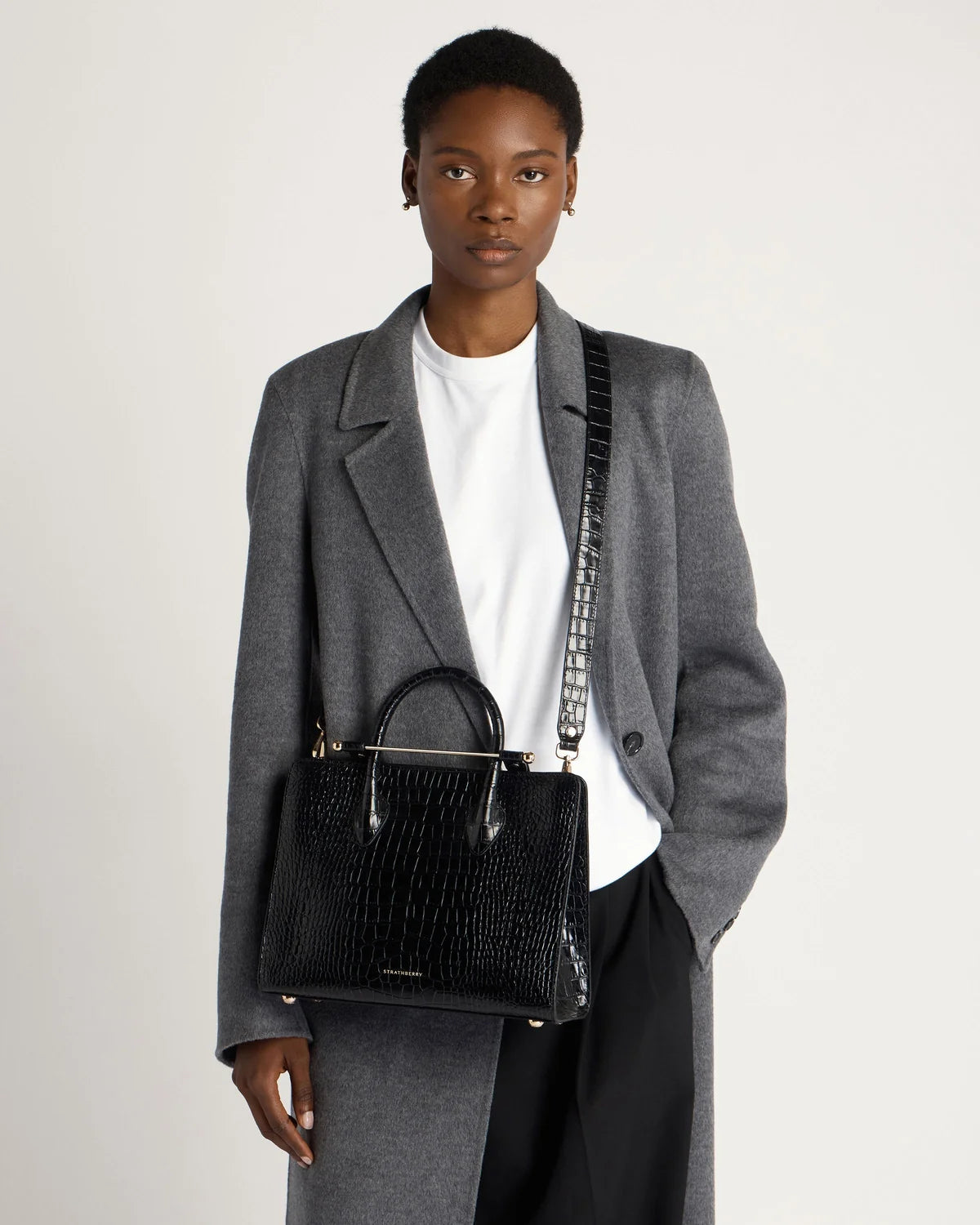 Strathberry Midi Tote  - Croc-Embossed Leather Black