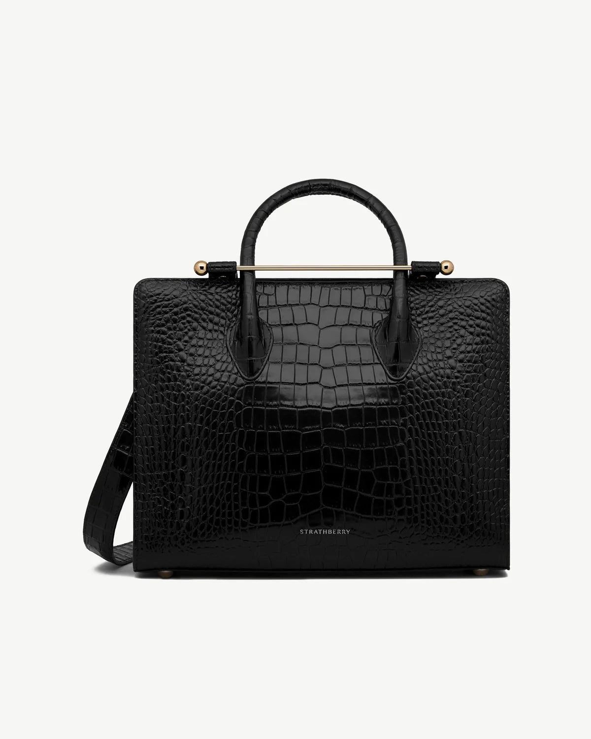 Strathberry Midi Tote  - Croc-Embossed Leather Black